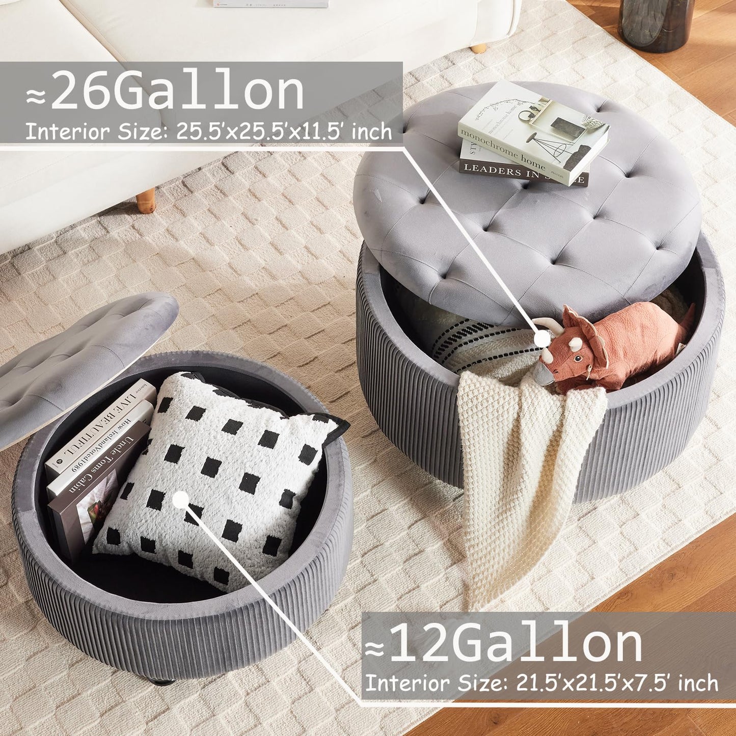 2BYF 29&24.5inch Large Round Storage Ottoman Coffee Table Set of 2 Modern Button Storage Coffee Table with Removable Lid for Living Room Upholstered Footrest Stool for Bedroom (Large-Grey)