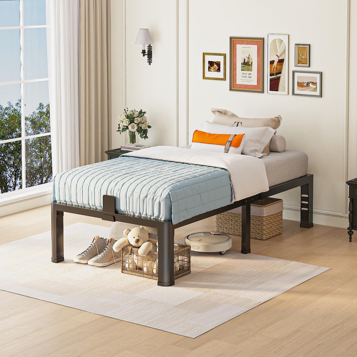Yitong Angel 14 inch Twin Bed Frame with Rounded Corner Legs and Headboard Hole Mattress Slide Stopper 3500 LBS Heavy Duty Support Metal Platform,No Box Spring Needed, Noise Free, Easy Assembly