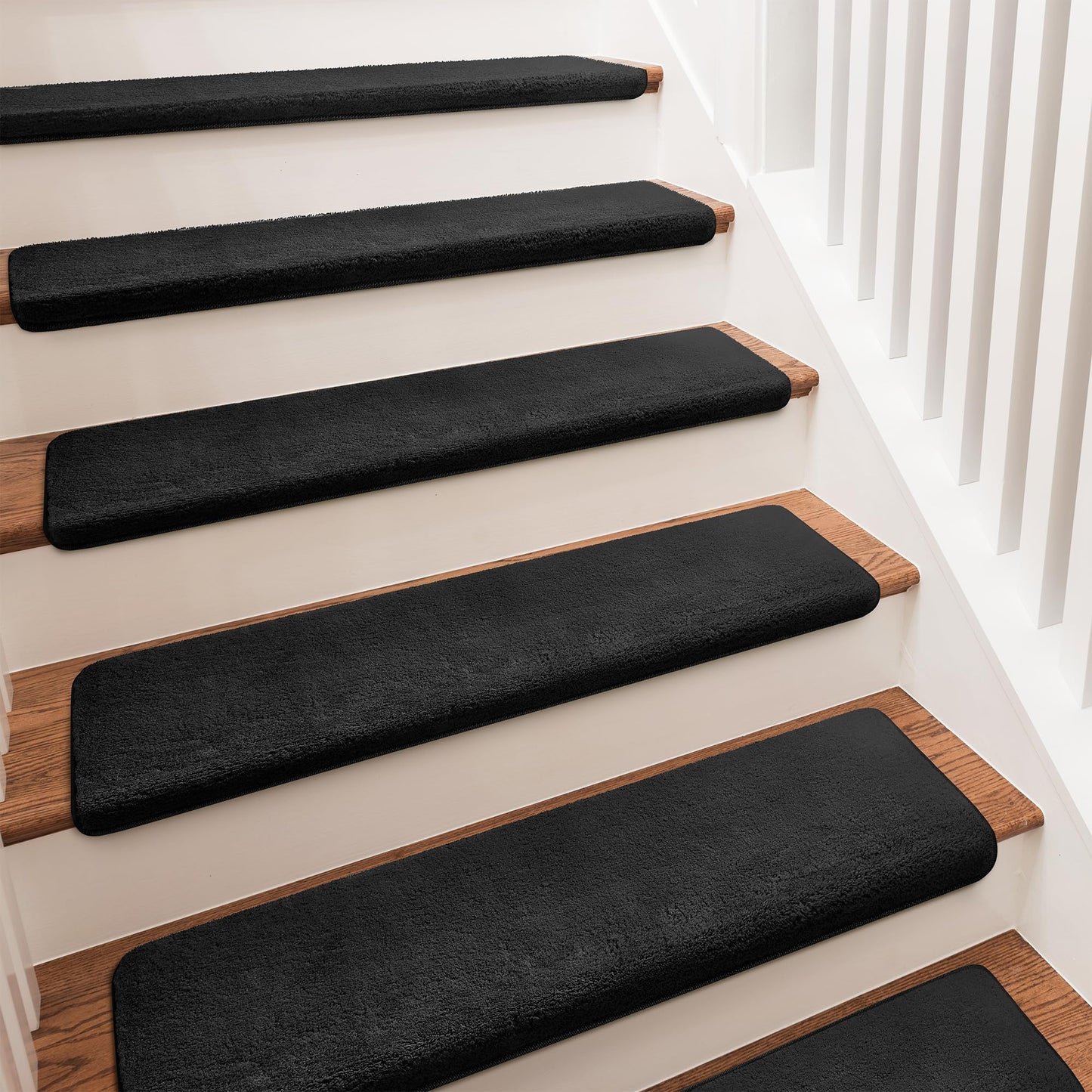 PURE ERA Carpet Stair Treads Ultra Plush 9.5" X 30"Soft Bullnose Indoor Stair Protectors Pet-Friendly Non-Slip Skid Resistant Tape Free Washable Reusable(2 Pieces,Black)