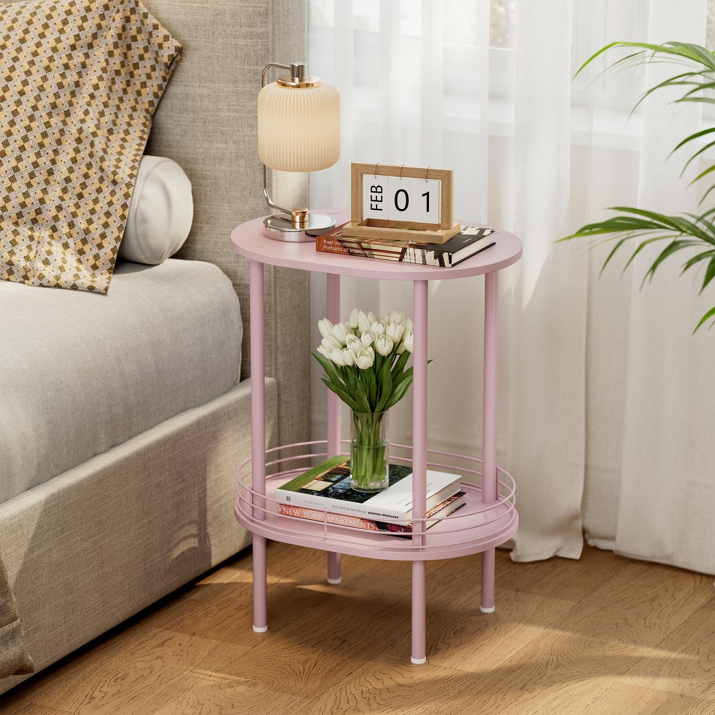 Small Modern Oval Side Table with Storage,2-Tier Side Tables Living Room,Sturdy Nightstand for Small Space - Living Room, Bedroom, Bathroom, Nursery (1PC,Pink)