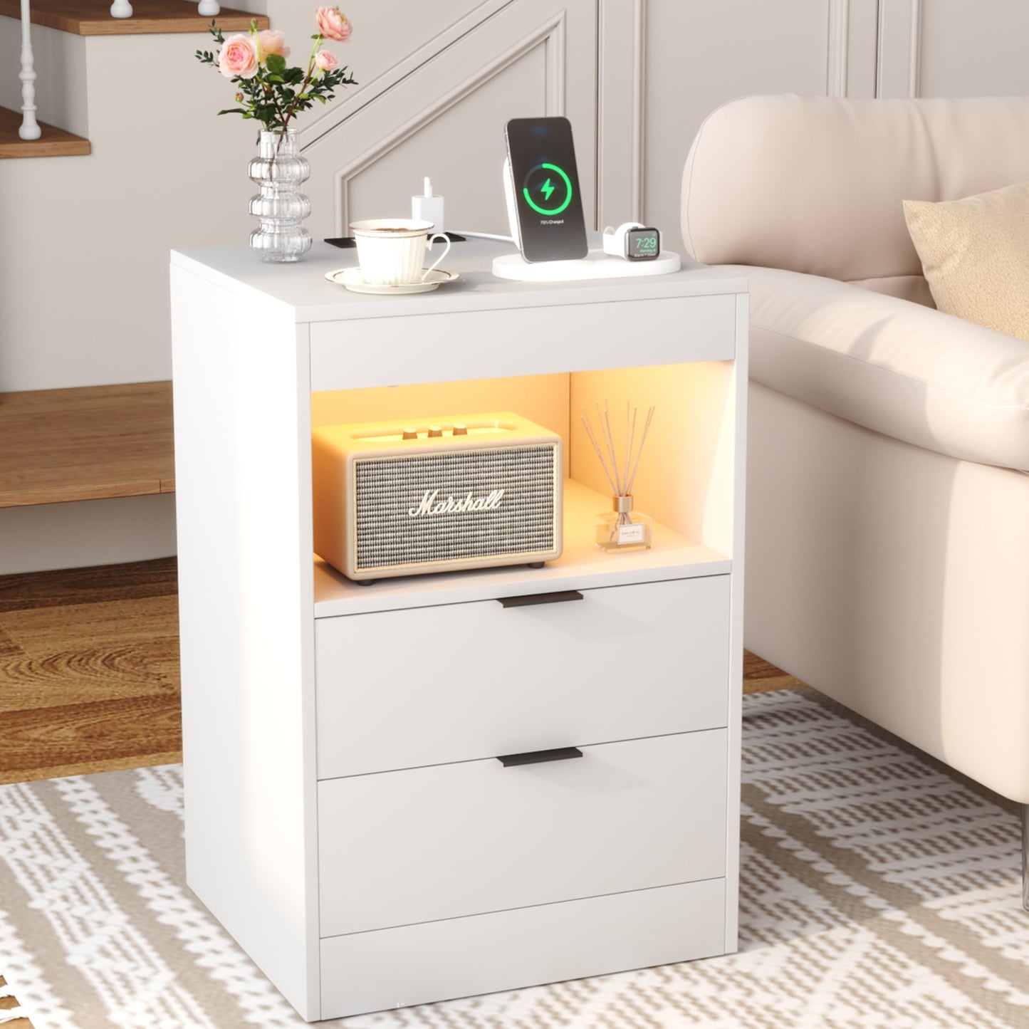 Yusong Night Stand with Gun Drawer & Invisible Lock, Bedside Table, LED Nightstand with Charging Station, Modern Night Stand, Wood Sofa Couch End Side Table with 2 Pull-Out Shelf (White 002)