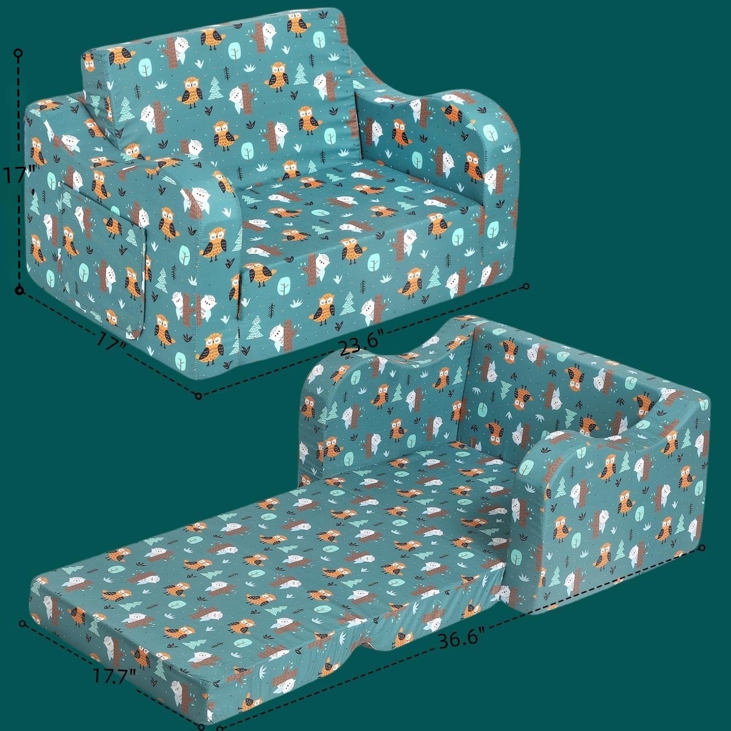 MOMCAYWEX Kids Sofa, 2-in-1 Flip-Out Foam Couch, Foldable Soft Play Lounge Chair, Teal
