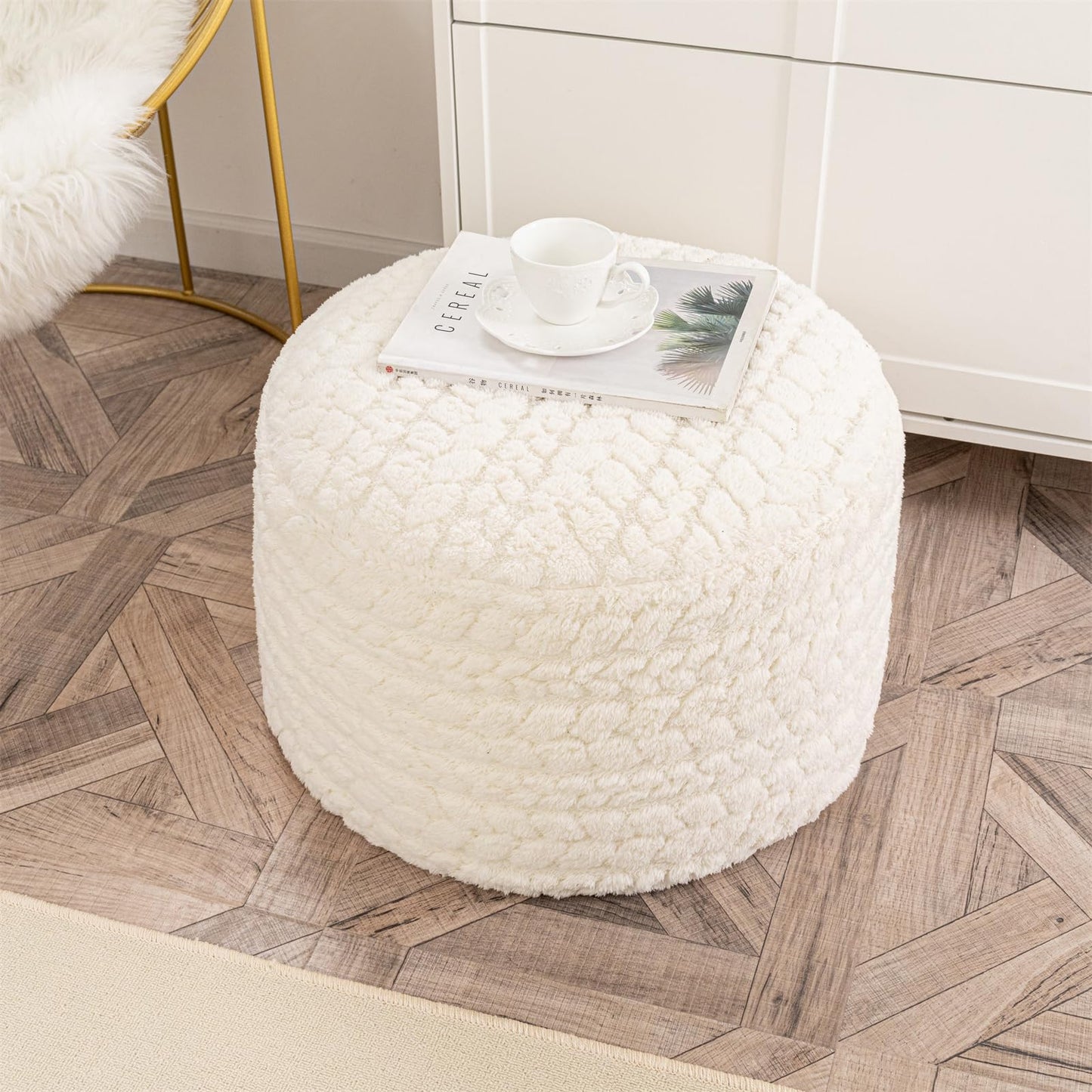 Round Pouf Ottoman 20 x 20 x 14 Inches Boho Poof Home Decor Floor Pouffe Ottoman Foot Rest for Couch Sofa Bean Bag Chairs Living Room Bedroom (Cream)
