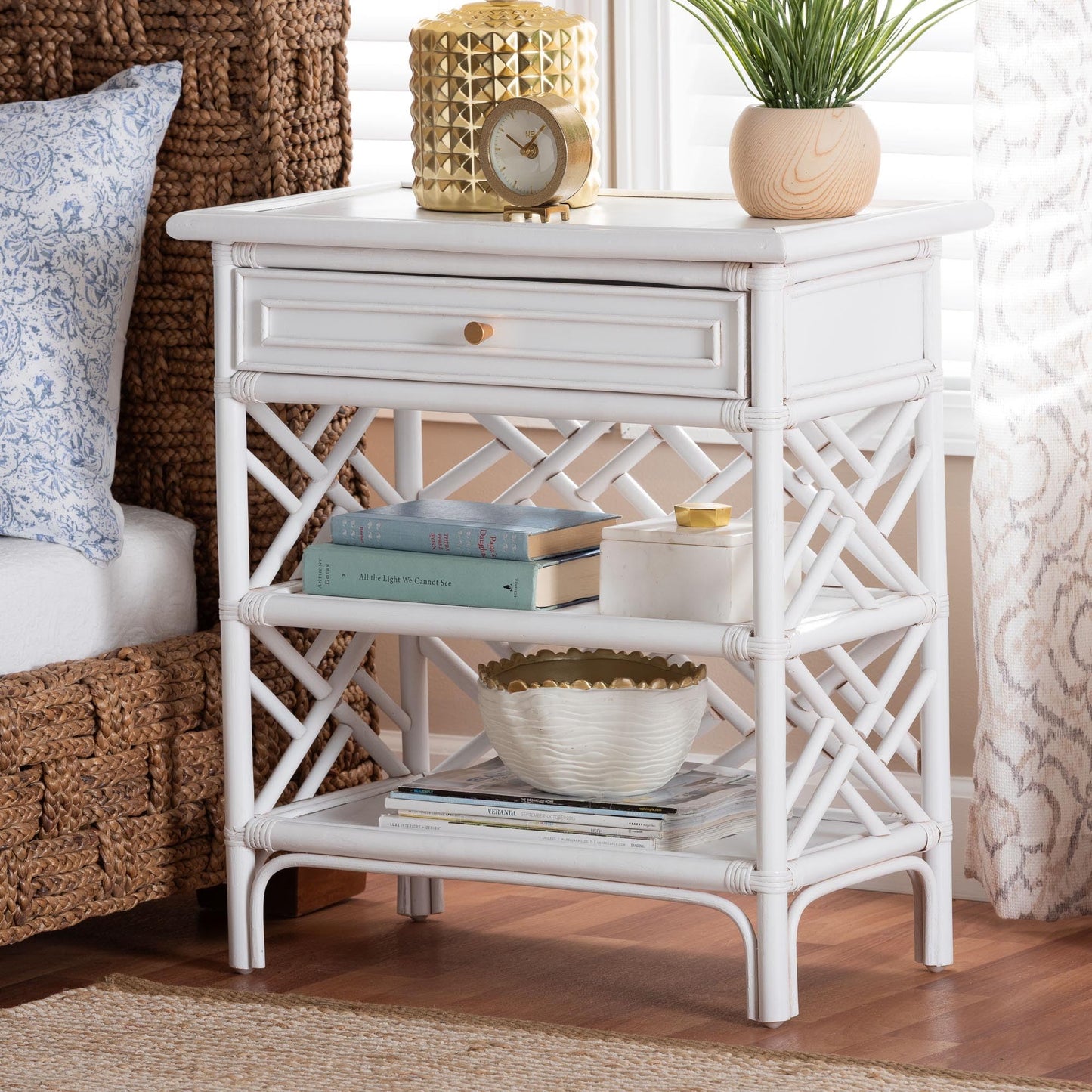 bali & pari Tiaret Natural Rattan Nightstand with Drawer and Shelves – Chippendale-Style Bedside Table for Bedroom or Coastal Living Spaces, White, 1-Drawer, 24-inch Wide