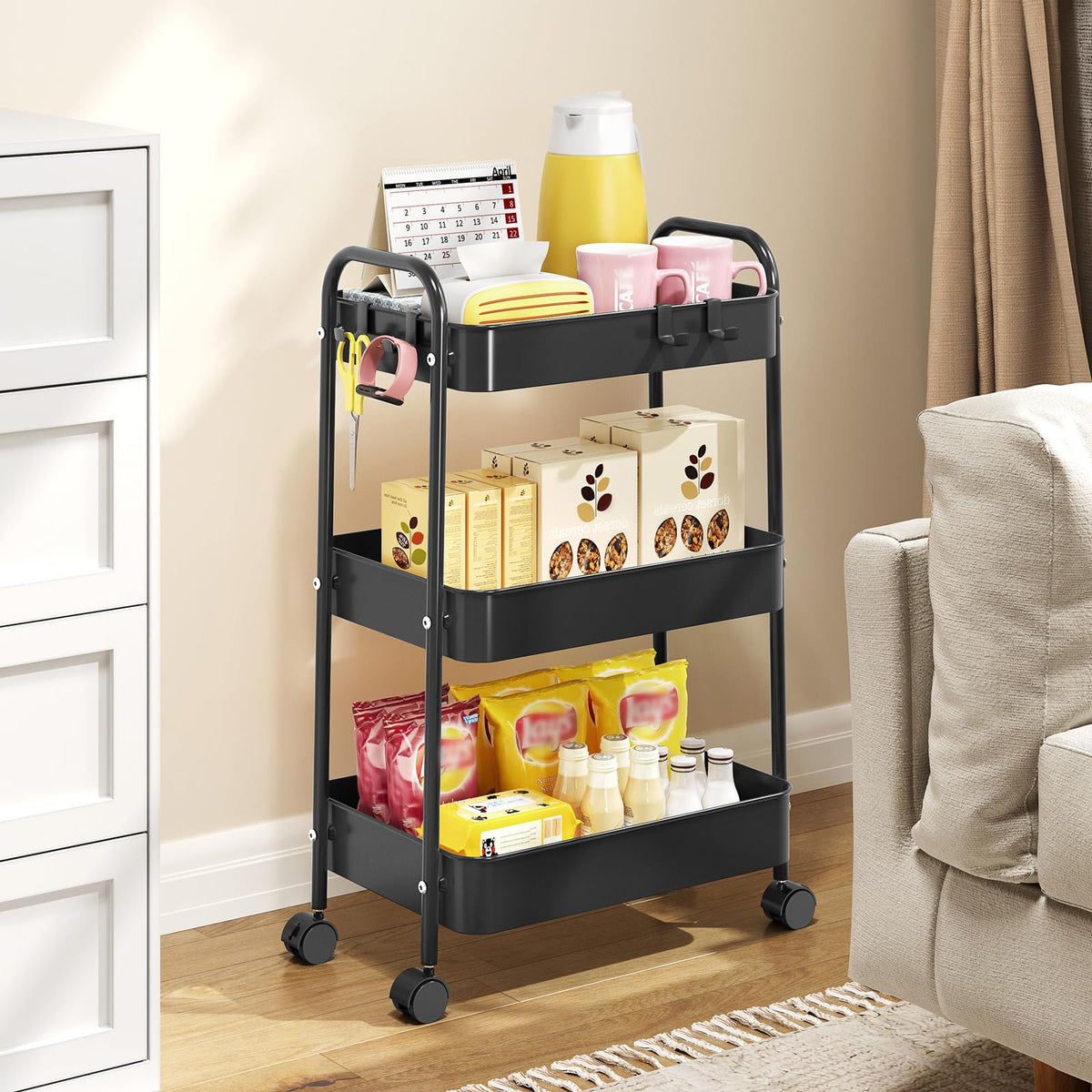 TOOLF 3 Tier Rolling Storage Cart, Metal Utility Cart with Hooks Trolley on Wheels Storage Organizer Serving Cart Mobile Craft Cart for Office, Bathroom, Kitchen, Kids' Room, Classroom Black