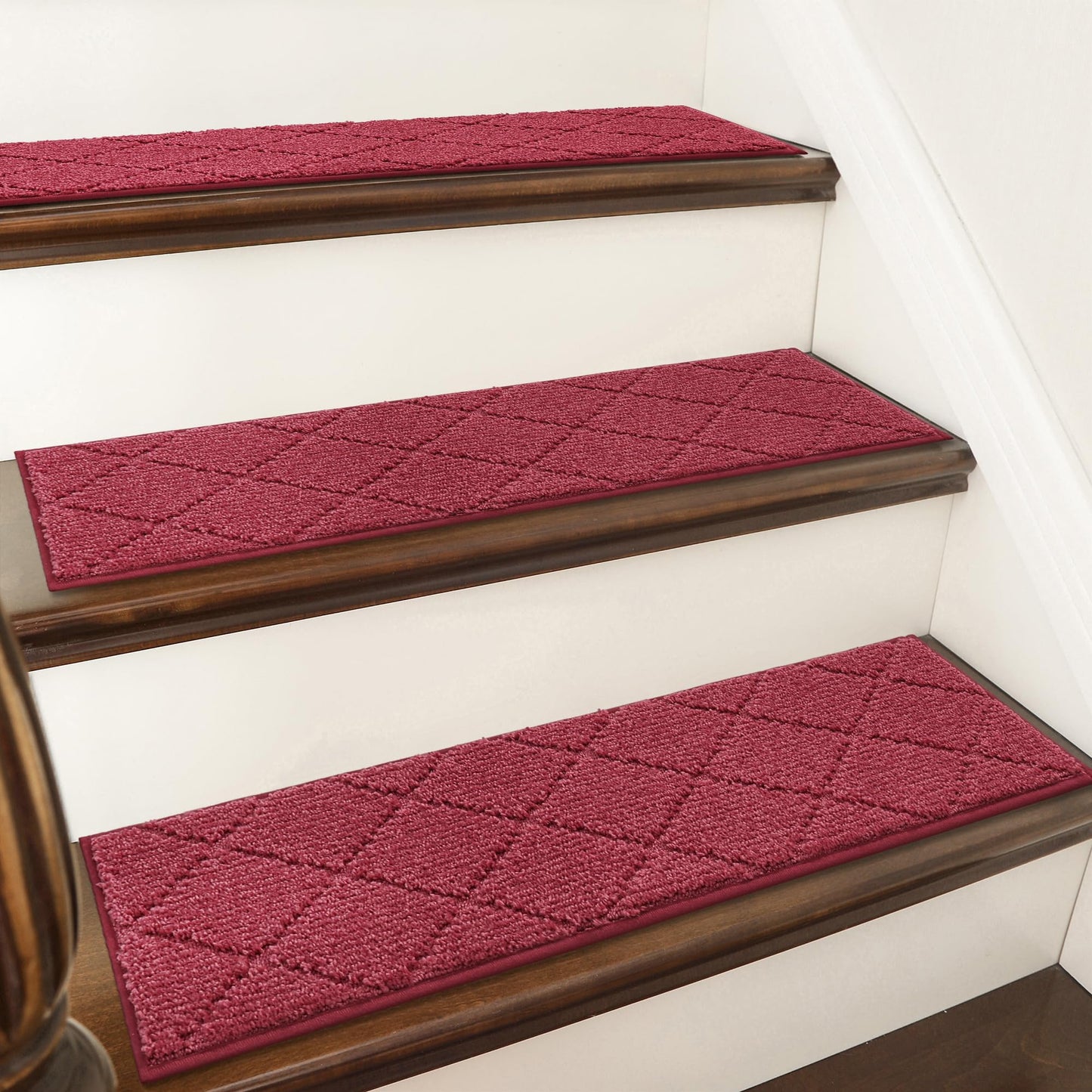 COSY HOMEER Edging Stair Treads Non-Slip Carpet Mat 28inX9in Indoor Stair Runners for Wooden Steps, Edging Stair Rugs for Kids and Dogs, 100% Polyester TPE Backing (4pc, Red)