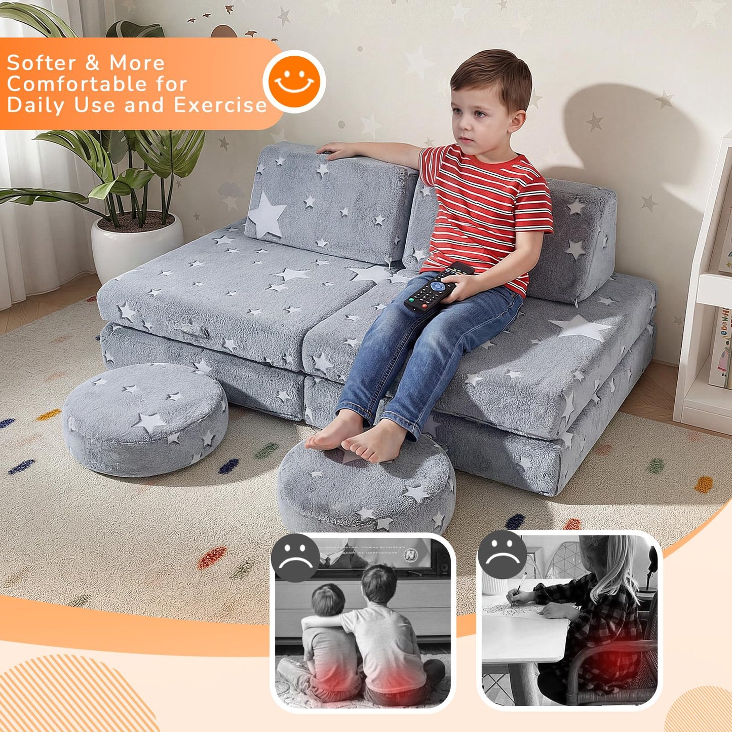MeMoreCool Kids Couch, Glow in the Dark Star Modular Play Couch, Ages 3+