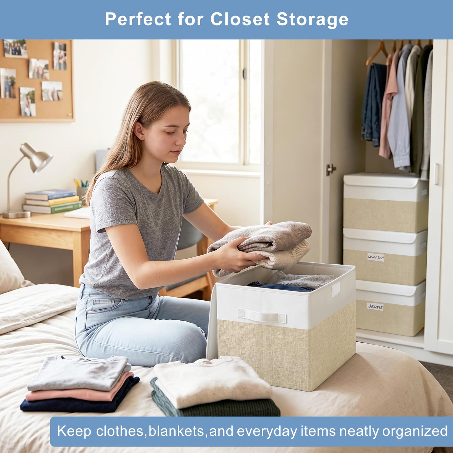Bagnizer Large 22 Quart Linen Fabric Foldable Storage Bin Cube Organizer Basket with Flip-Top Lid & Handles, Clothes Blanket Box for Home, Office, Closet, Beige & White, 4 Pack 14.6 x 9.5 x 9.5”