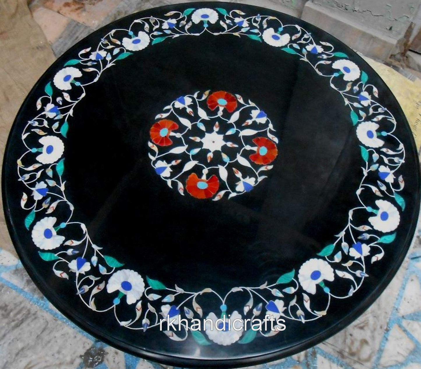 Handcrafted Marble Dining Table Top | Round Black Marble Garden Sofa Table | Stones Inlay Countertop for Office & Reception Decor | 42 x 42 Inches Kitchen Centerpiece