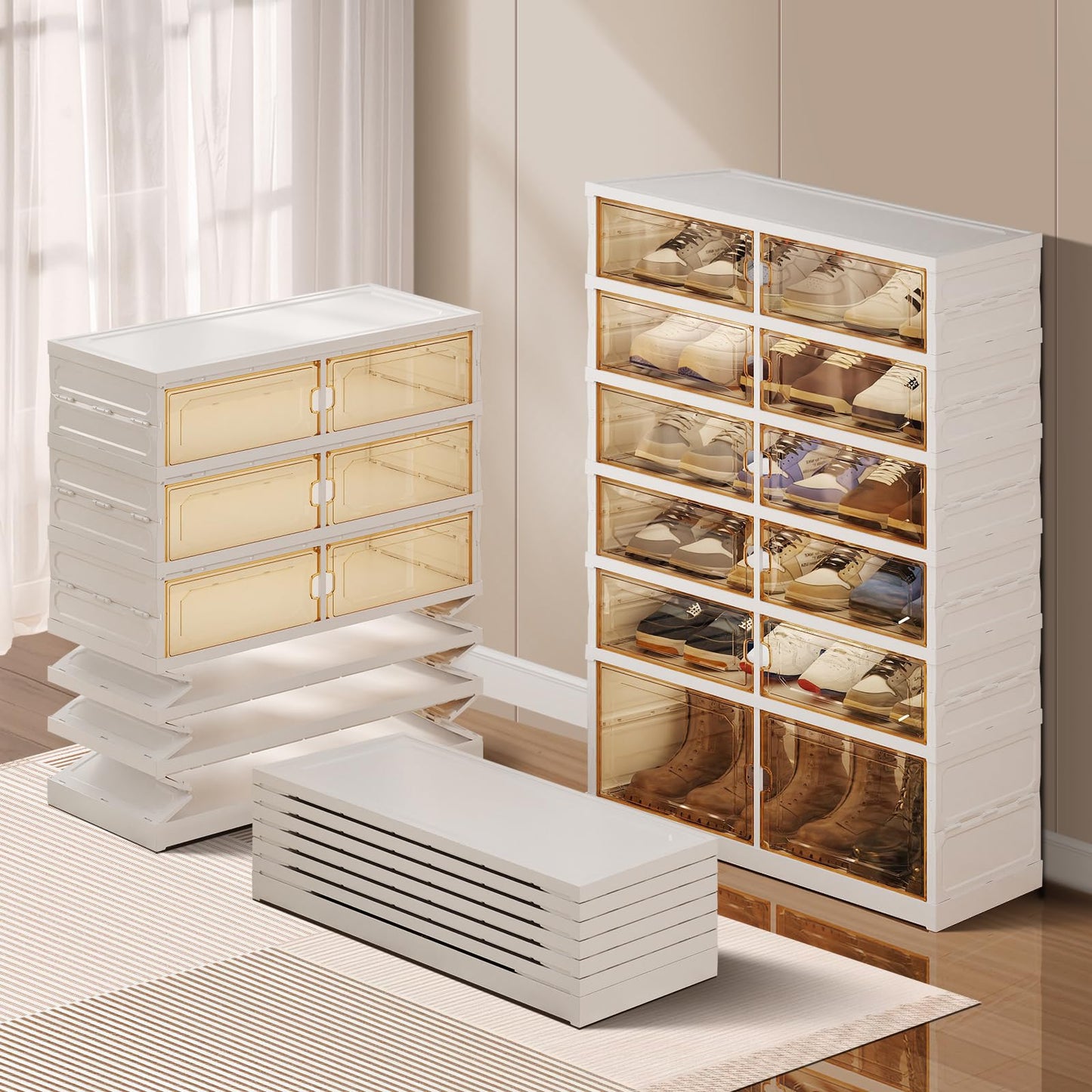 CIMLORD 6-Tier Foldable Shoe Rack Organizer for Closet, 18 Pairs Collapsible Plastic Shoe Shelf, Large Shoes Cabinet with Door, Clear Stackable Storage Box Easy Assembly White