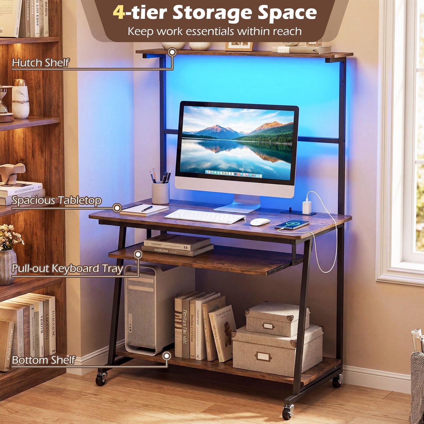 Giantex 31.5" Small Computer Desk with Charging Station & LED Lights, Rolling Home Office Desk w/Hutch, Keyboard Tray & Bottom Shelf, Study Writing Gaming Workstation Table for Bedroom, Rustic Brown