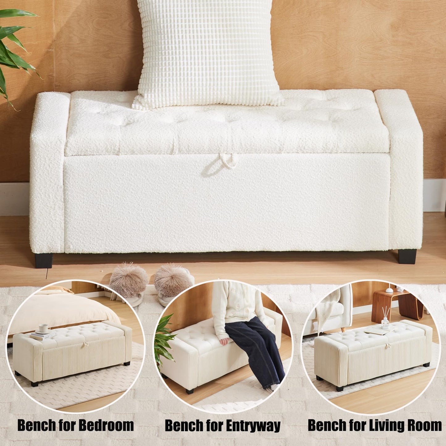 2BYF 43 Inch Storage Ottoman Bench, Bench for Bedroom End of Bed, Ottoman with Storage for Living Room and Entryway (Boucle Cream)