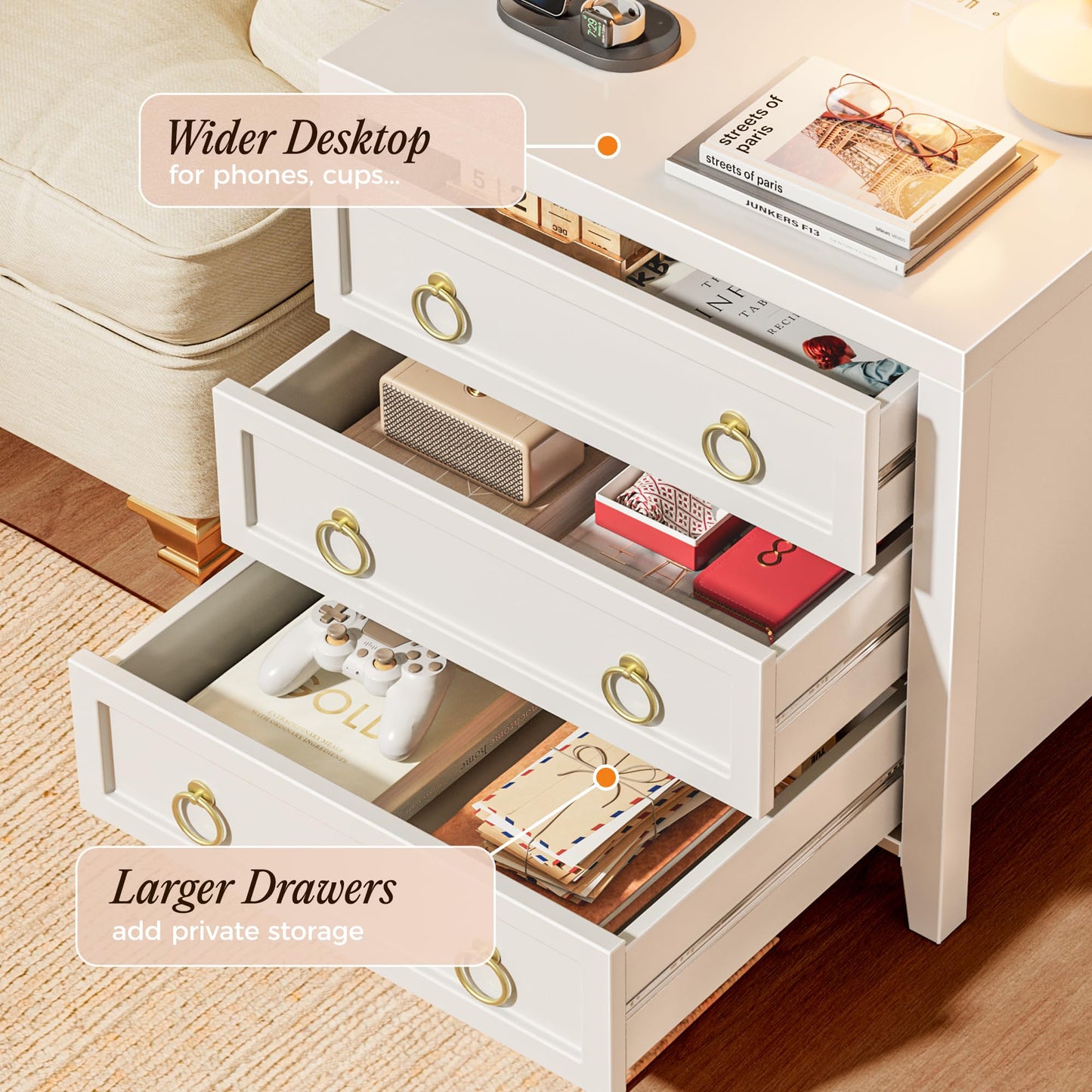 Huuger Paint Night Stand with Charger Station and USB-C Port, 3 Drawer Nightstands Set of 2, Larger Wider Bedside Table, Modern End Table, for Bedroom, White Nightstand