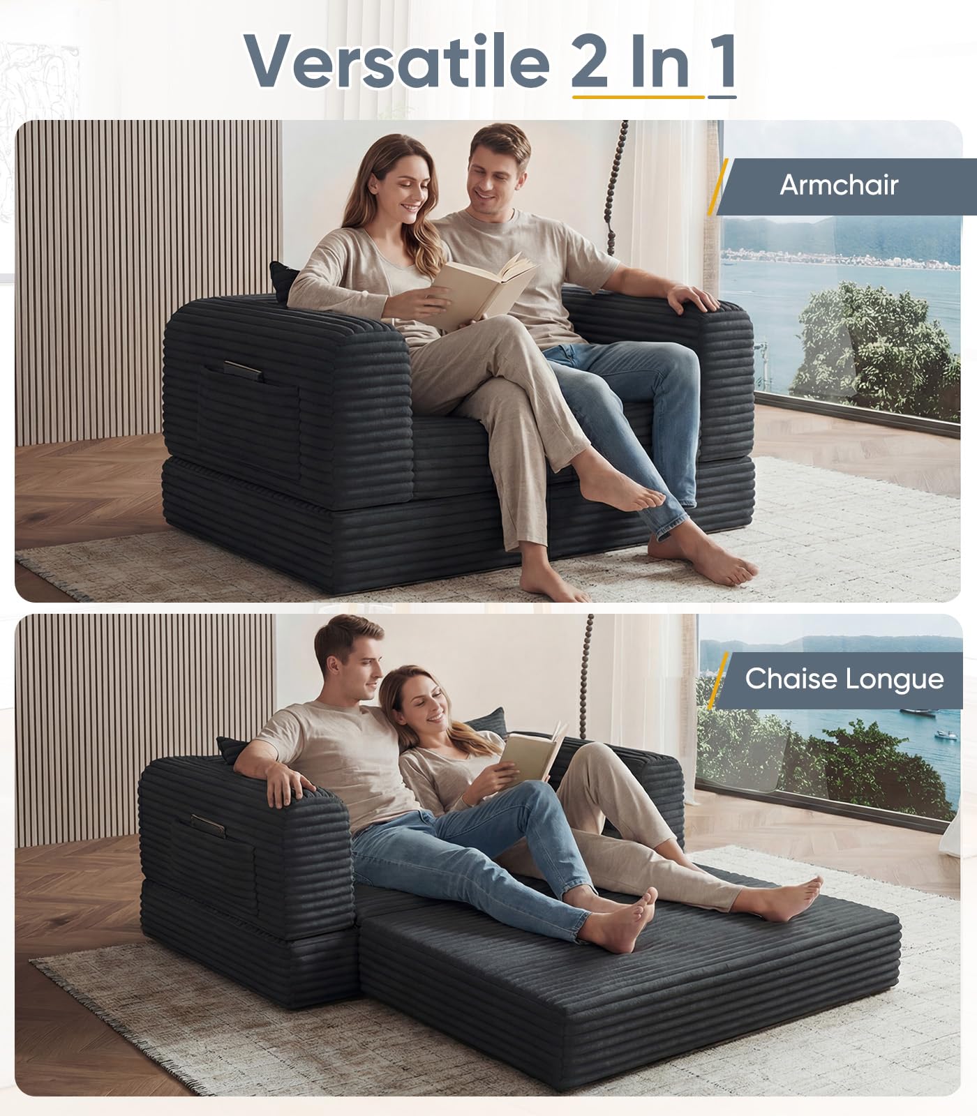 Versatile 2 in 1 Boneless Armchair Chaise Lounge Chair Indoor, Convertible Sleeper Chairs Couch Folding Sofa Bed Oversized Comfy Futon Floor Sofa BeanBag for Reading Nook Living Room Bedroom