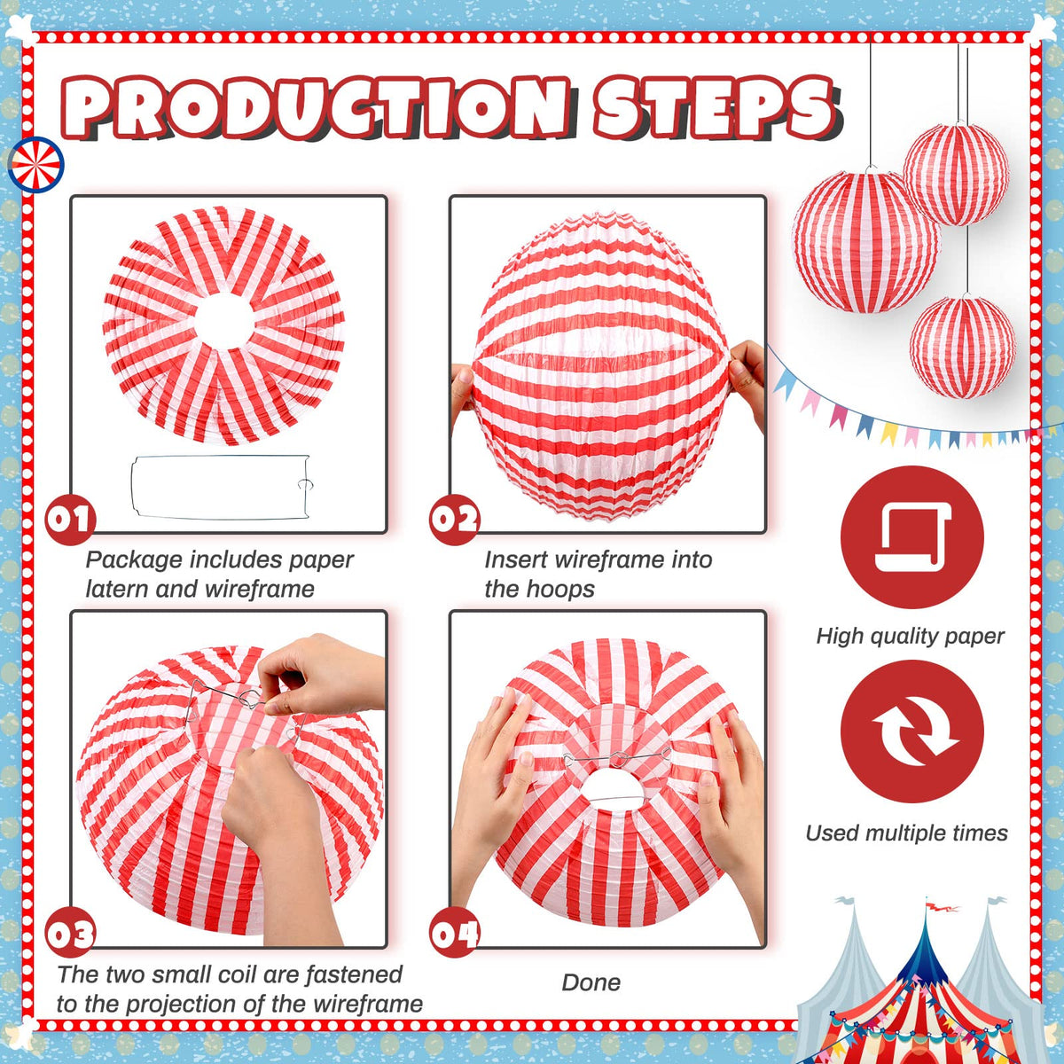 Hortsun 12 Pcs Carnival Circus Decorations Red and White Stripes Paper Lanterns Chinese Hanging Paper Lanterns for Carnival Circus Wedding Birthday Party Baby Shower Home Decoration