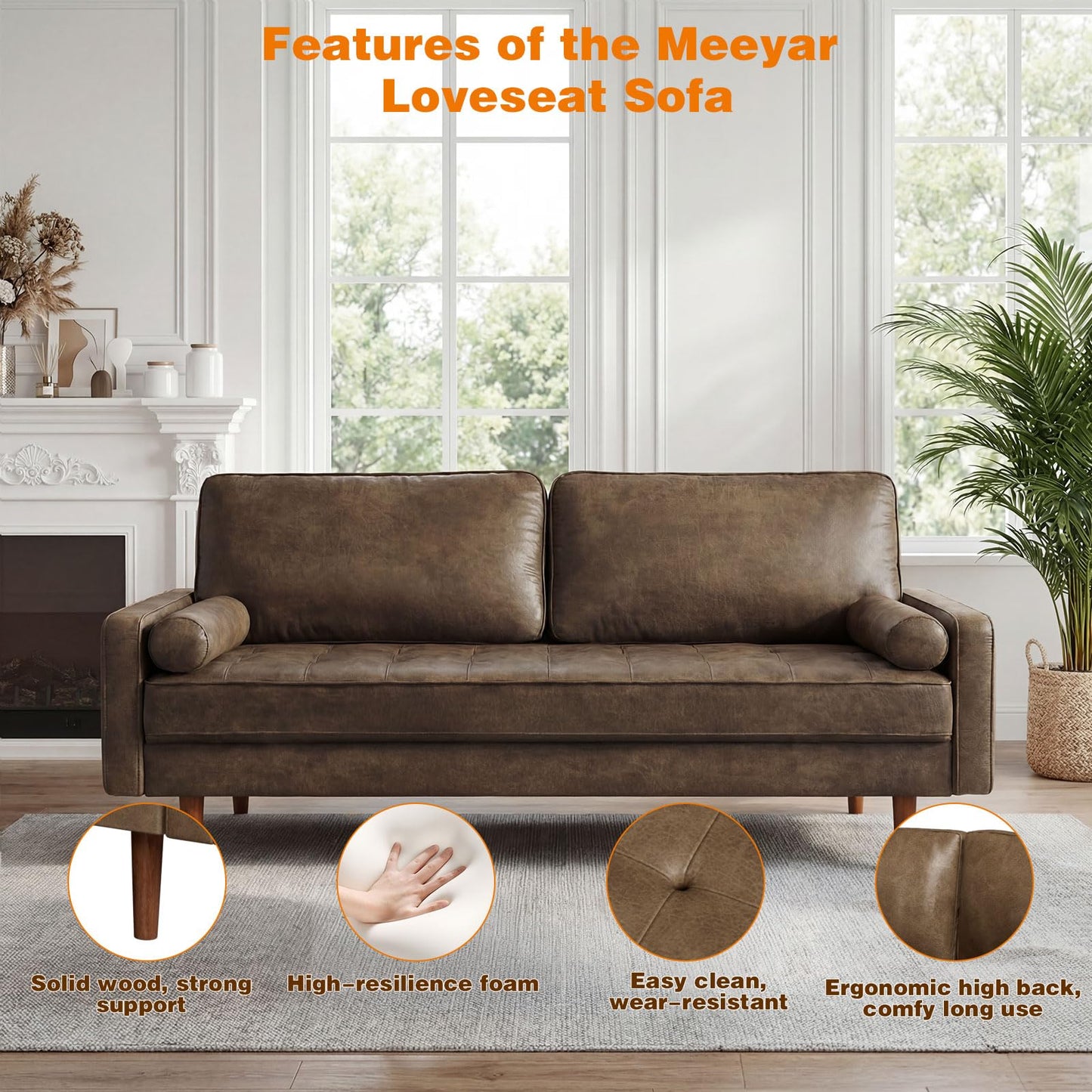Meeyar 70" Mid-Century Modern Sofa Couch – Faux Leather Loveseat Sofa with Deep Seat & Solid Wood Frame – Includes 2 Accent Pillows –Dark Brown Living Room Bedroom Office
