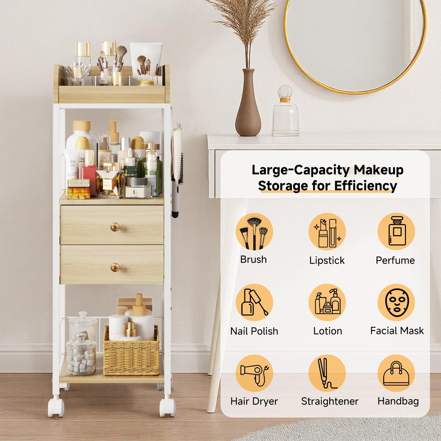 DongRong Makeup Organizer Cart, Rolling Floor Skincare Organizer and Storage with 2 Wooden Drawers, Cosmetics Display Cases Holder for Skin Care Perfume Hair Tools Nail Polish