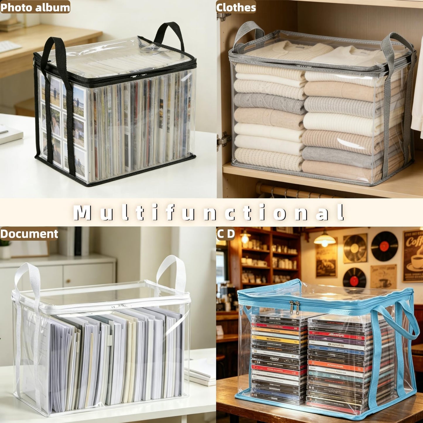 Clear Book Storage Bag with Reinforced Handles - Heavy Duty Plastic Comic Book Organizer & DVD Storage Bin - Collapsible Media Tote with Zipper Lid for Books, Journals and Albums - 15" x 9.5" x 12.5"