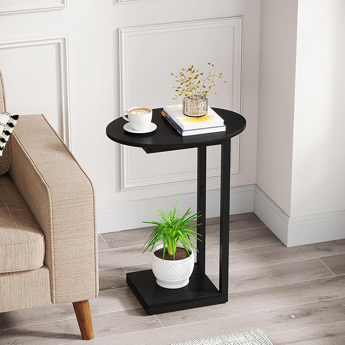 Hosfais Small Side Table End Table, C-Shaped Wood Coffee Table TV Tray