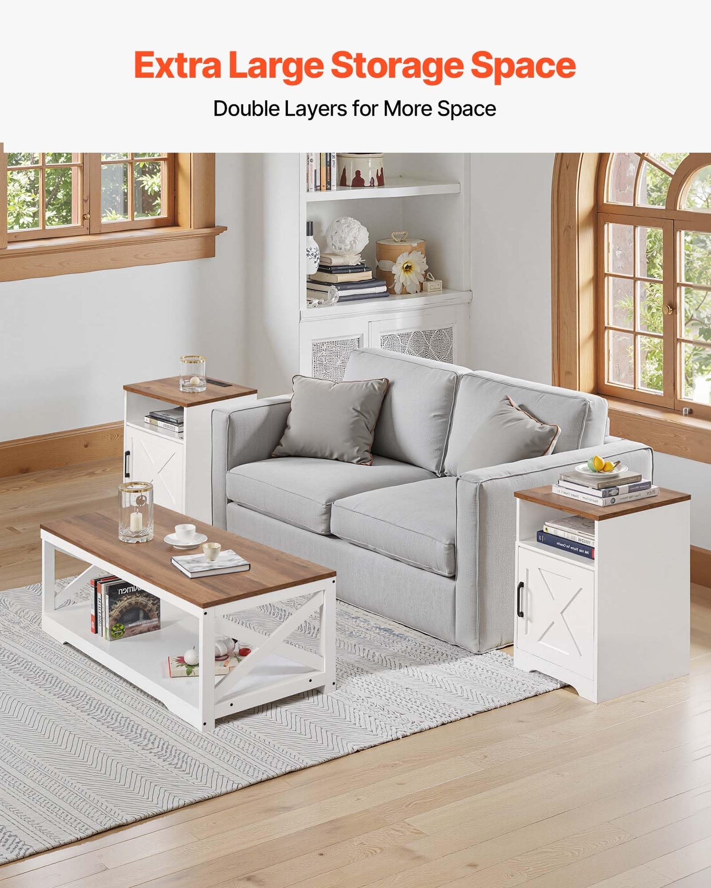 VEVOR 3 Pieces Farmhouse Coffee Table Sets, 40 Inch Industrial Coffee Table with 2 End Tables, Easy Assembly Coffee and Side Tables Sets with Charging Station, for Office, Living Room & Apartment