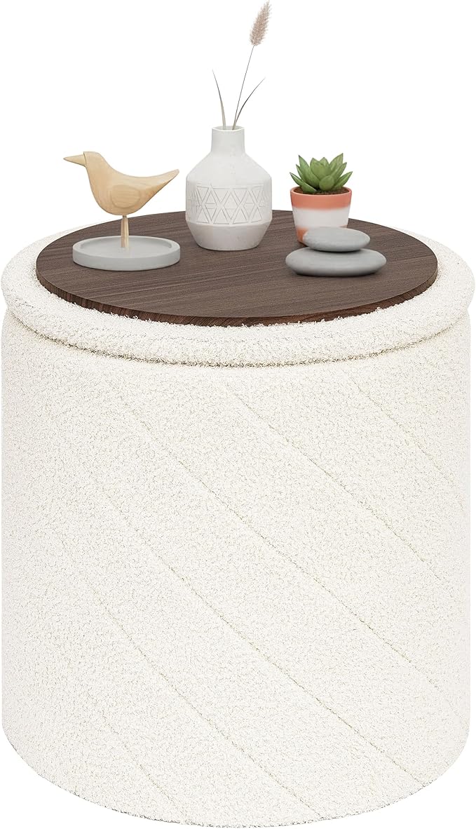 PINPLUS Ottoman with Stroage Round Boucle Ottoman and Tray Sherpa Removable