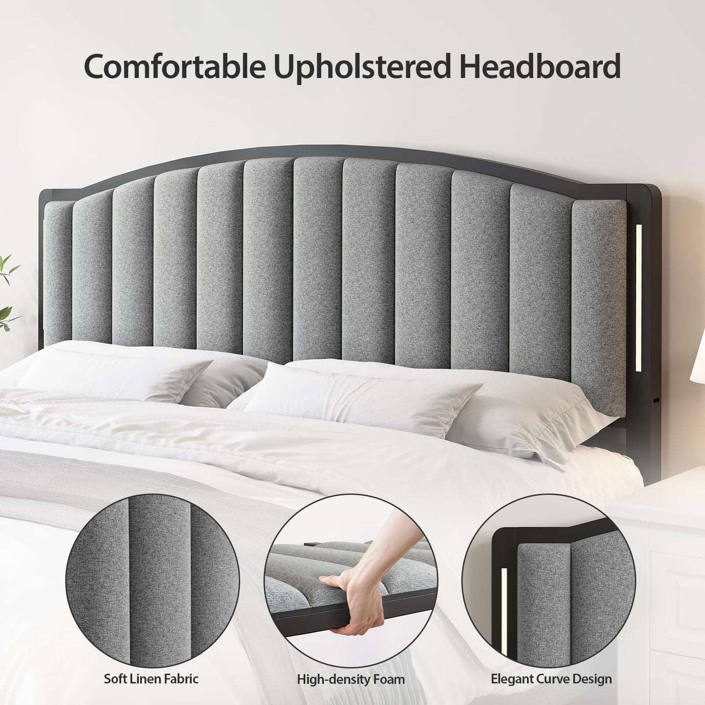 Salamir Headboard for Queen Size Bed with LED Lights, Upholstered Vertical Channel Tufting Head Boards, Linen Fabric Bed Headboard Only, Attach Frame, Ideal for Bedroom, Dorm, Guest Room, Grey