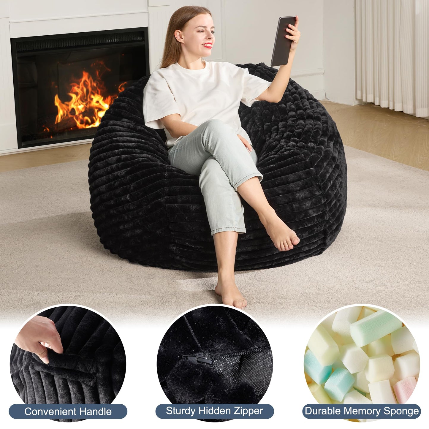 Hobestluk 3ft Bean Bag Chairs for Adults Large Beanbag Chair with Stripe Plush Cover Big Bean Bag Chair for Living Room Bedroom Dorm Office - Black (36” x 36” x 22”)
