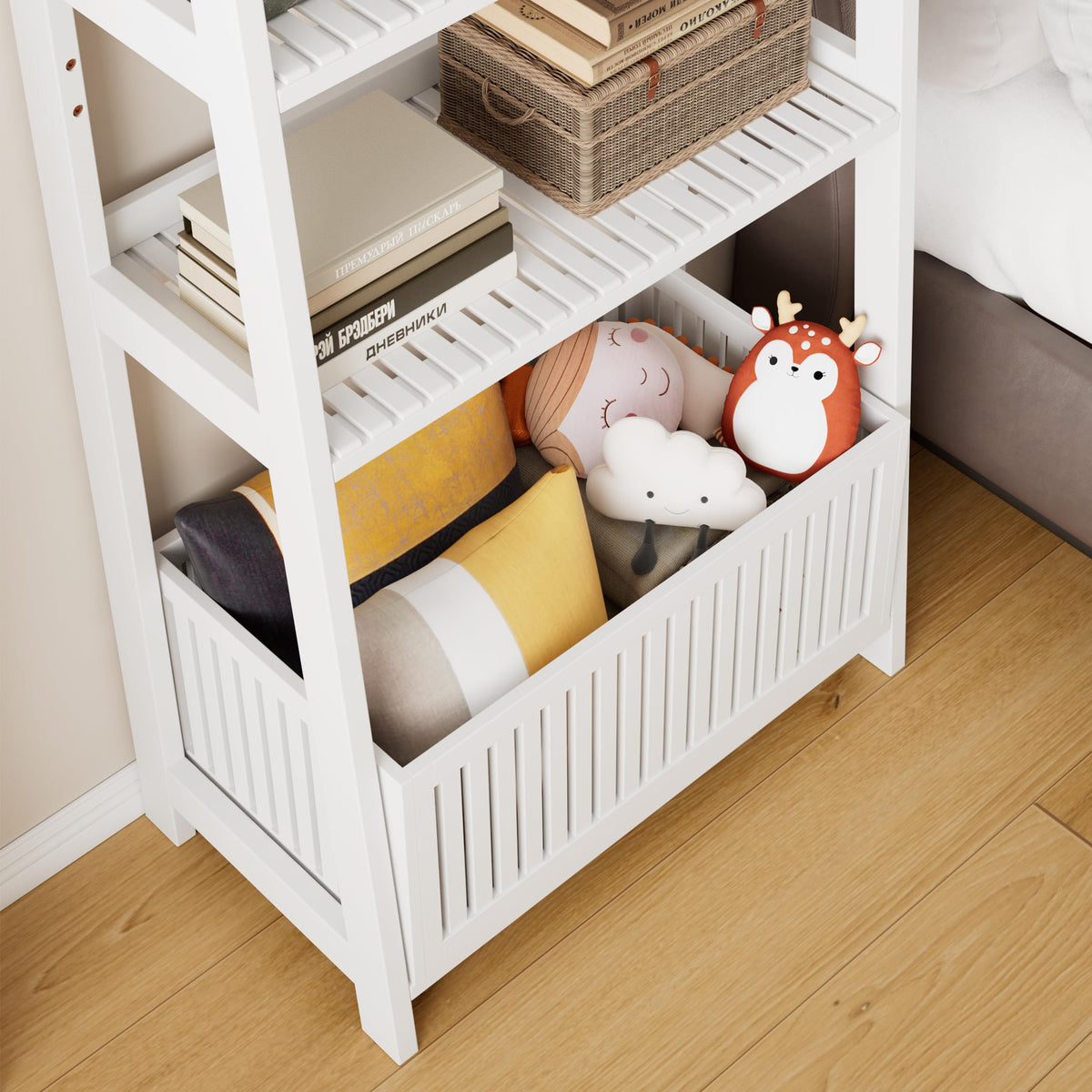 Bamjoy Bamboo White Bookshelf with Slatted Basket, Ladder Bookcase with 4 Display Shelves and 1 Open Storage Basket, Multifunctional Storage Rack Organizer for Home Office, Bedroom, Living Room, 66” H
