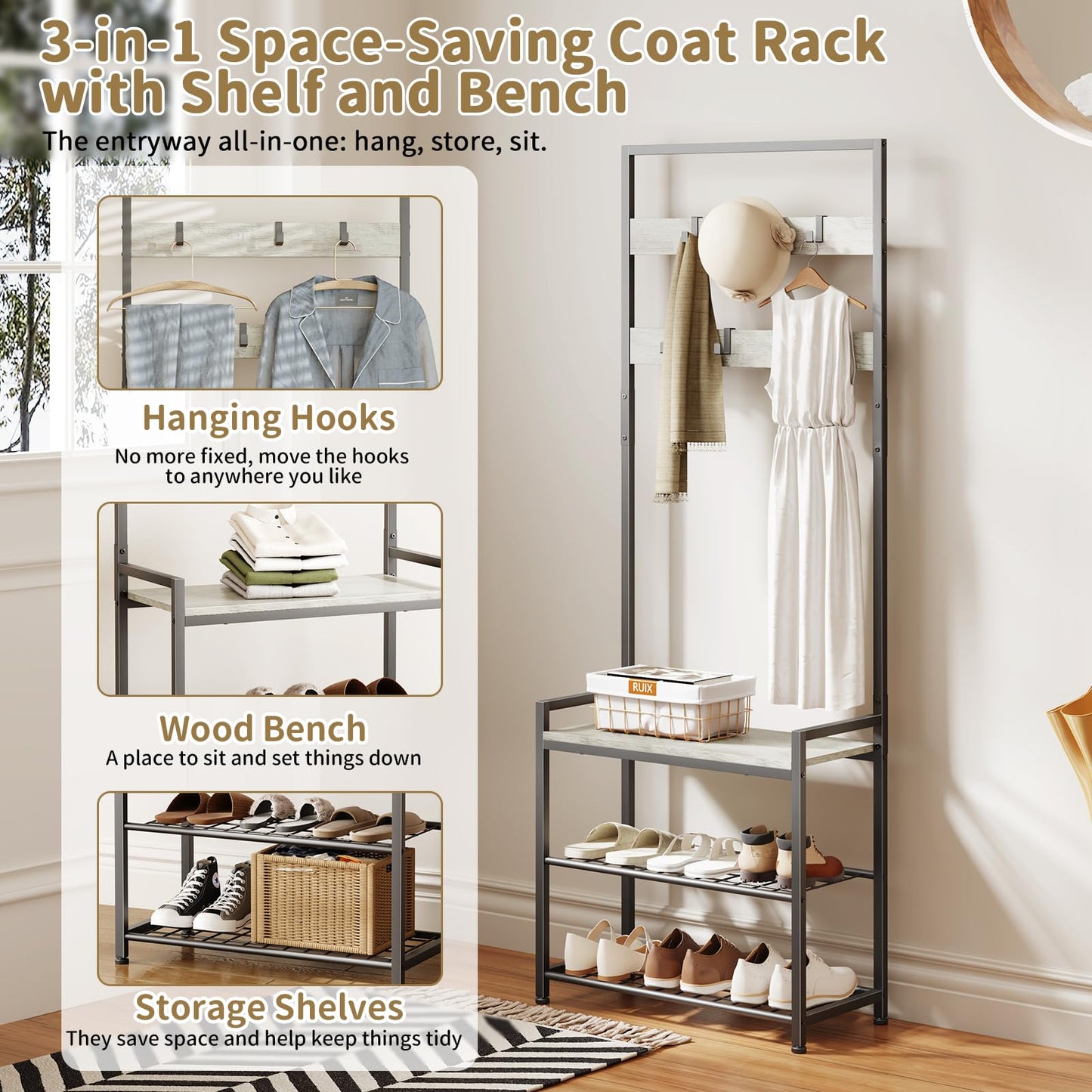 Hall Tree with Shoe Storage Bench - Entryway Bench with Coat Rack and Hooks - 3-in-1 Small Hall Tree for Entry Way, Entrance, Hallway, Doorway, Front Door, Mudroom, Small Space - Greige