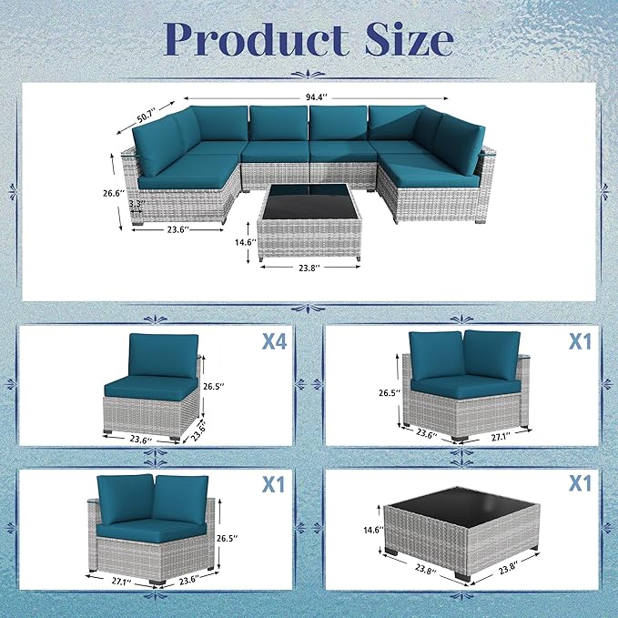 KIGOTY Patio Furniture Set, 7 Pieces Modular Outdoor Sectional Sofa, PE Rattan