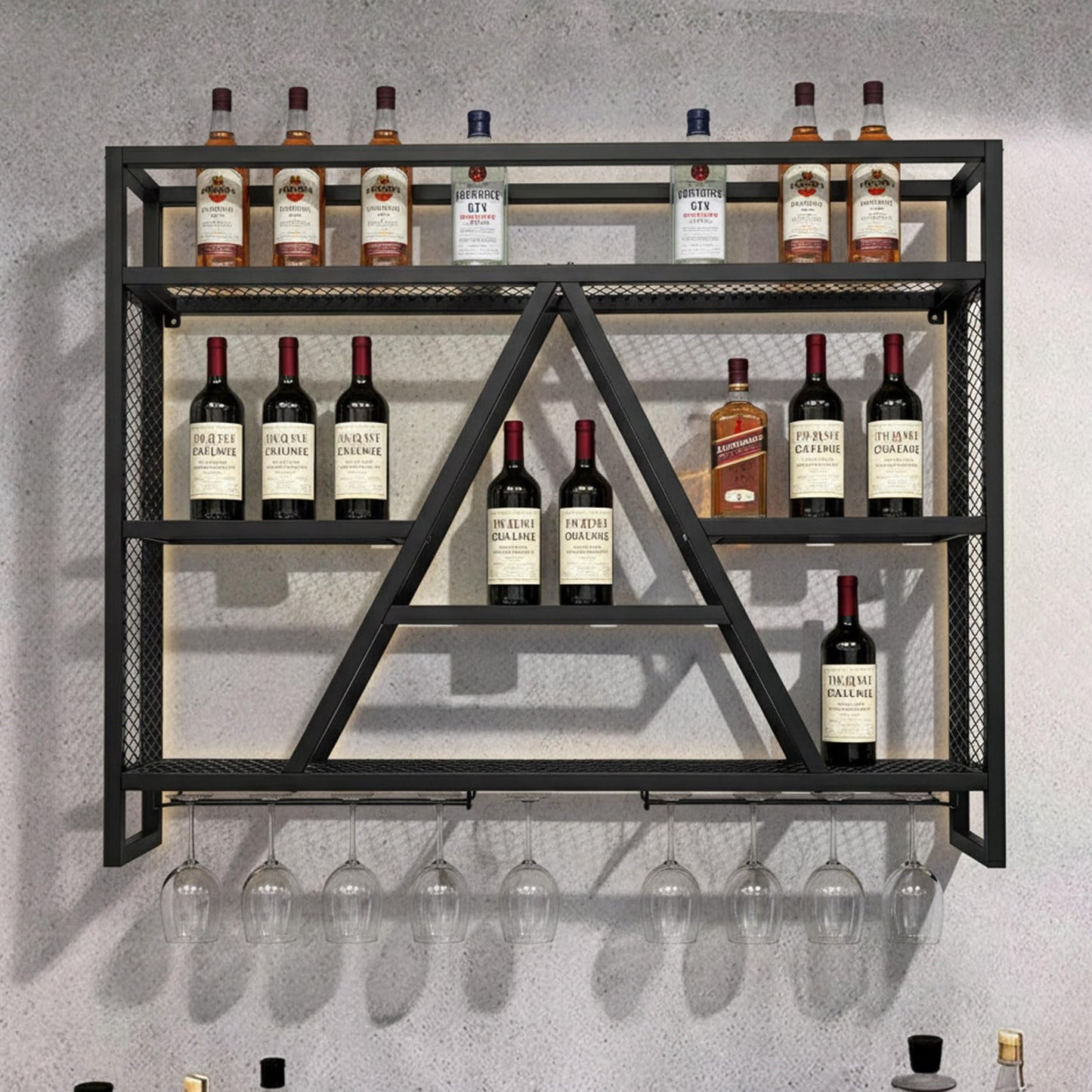 KIPPDURO Wall Mounted Wine Rack with LED Lights, 39.4in Metal Wine Bottle and Glass Holder, A-Frame Bar Shelf for Kitchen, Bar, Cafe Wine Rack Background, (Black, 39.4 * 5.9 * 31.5INCHES)