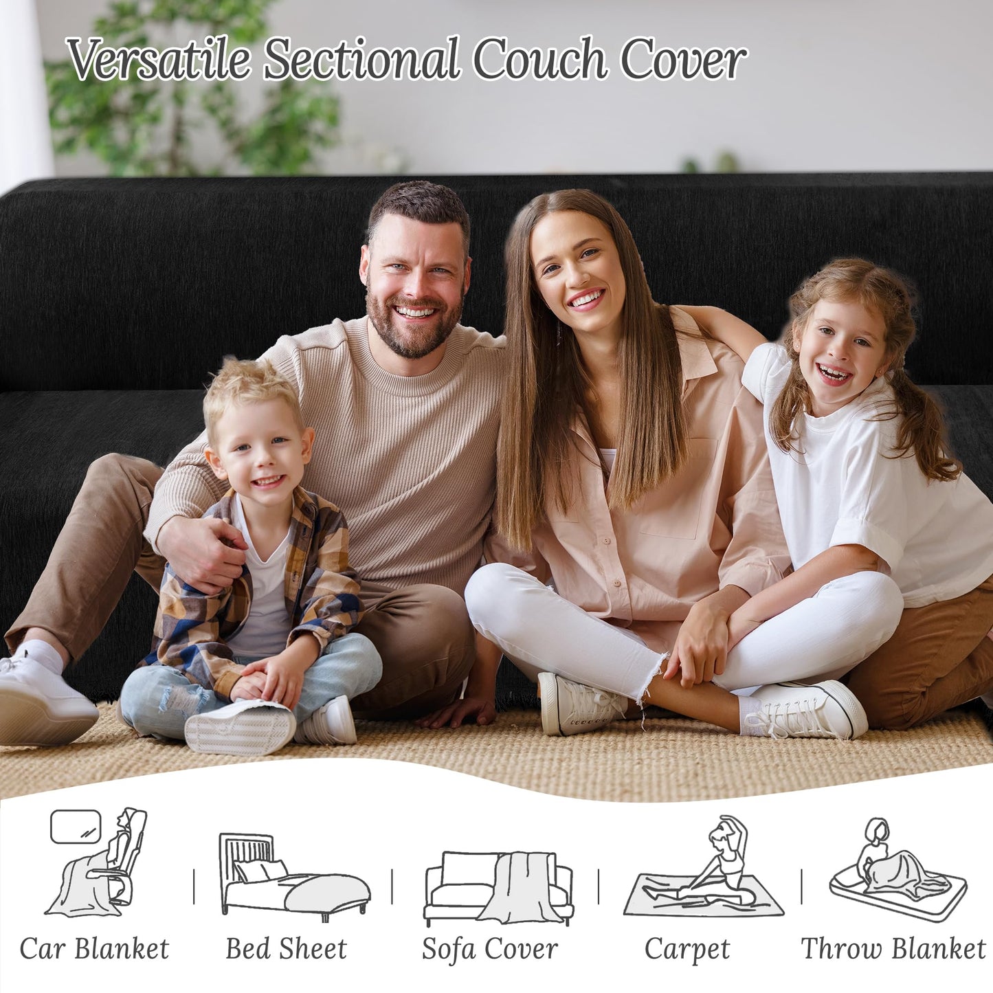 HDCAXKJ Corner Sectional Couch Covers for Dogs L Shape Sofa Cover with Tassel Chenille Soft Non Slip U Shaped Couch Cover Blanket Washable Sectional Slipcover Protector (Charcoal Black, 91x276 inch)