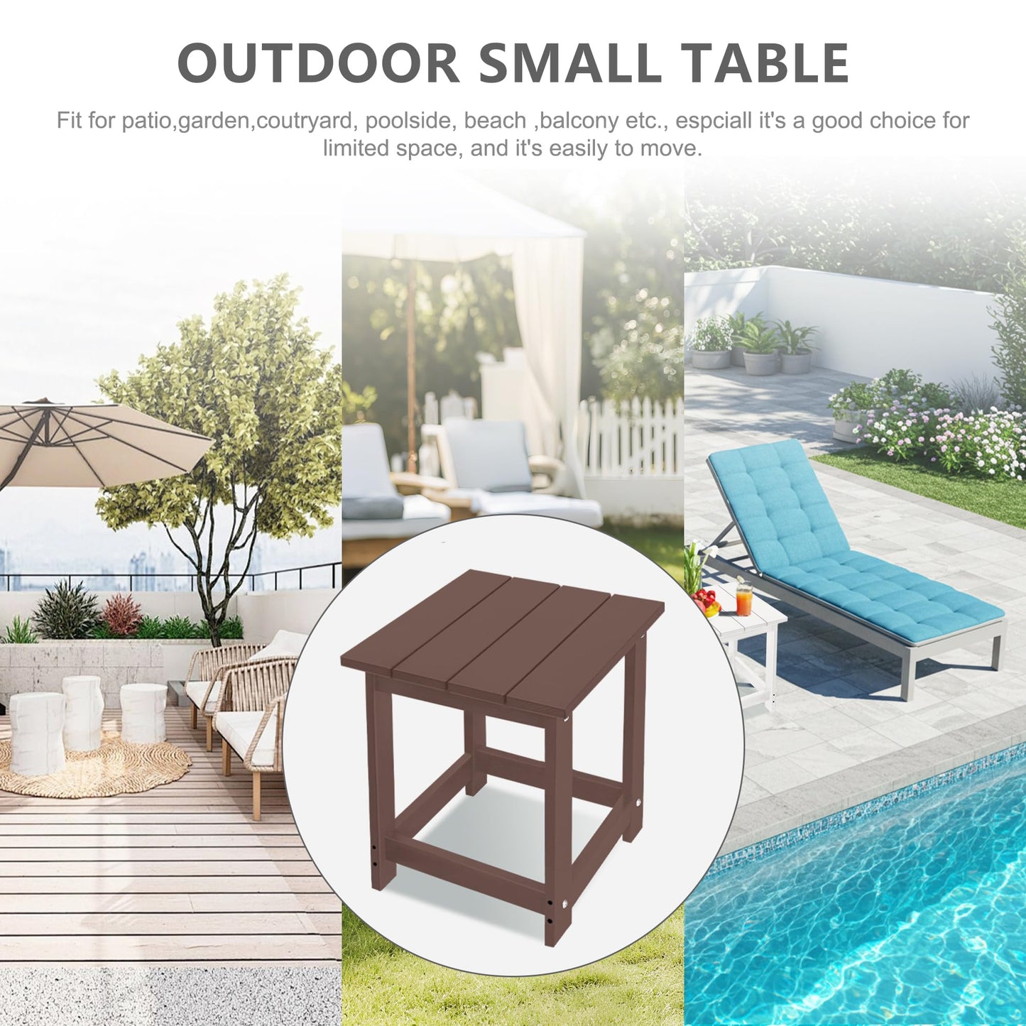 LZRS Square Patio Side Table, Heavy Duty HDPE Outdoor End Table with Wood Texture, Weatherproof Composite Table for Adirondack Chairs, Deck, Pool, Indoor/Outdoor, No Peeling or Cracking(Brown)