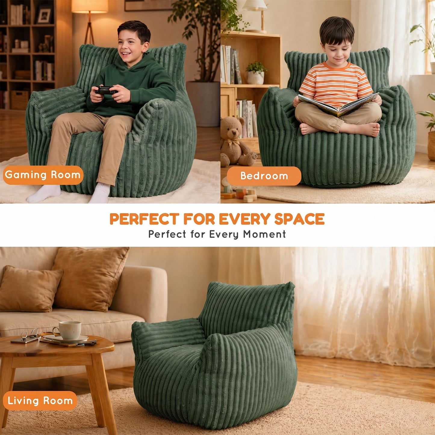 MaxiBean Bean Bag Chair - Plush Faux Fur Floor Seating Furniture Bean Bag Chair for Living Room, Bedroom, Playroom (2.5FT Stripe Green)