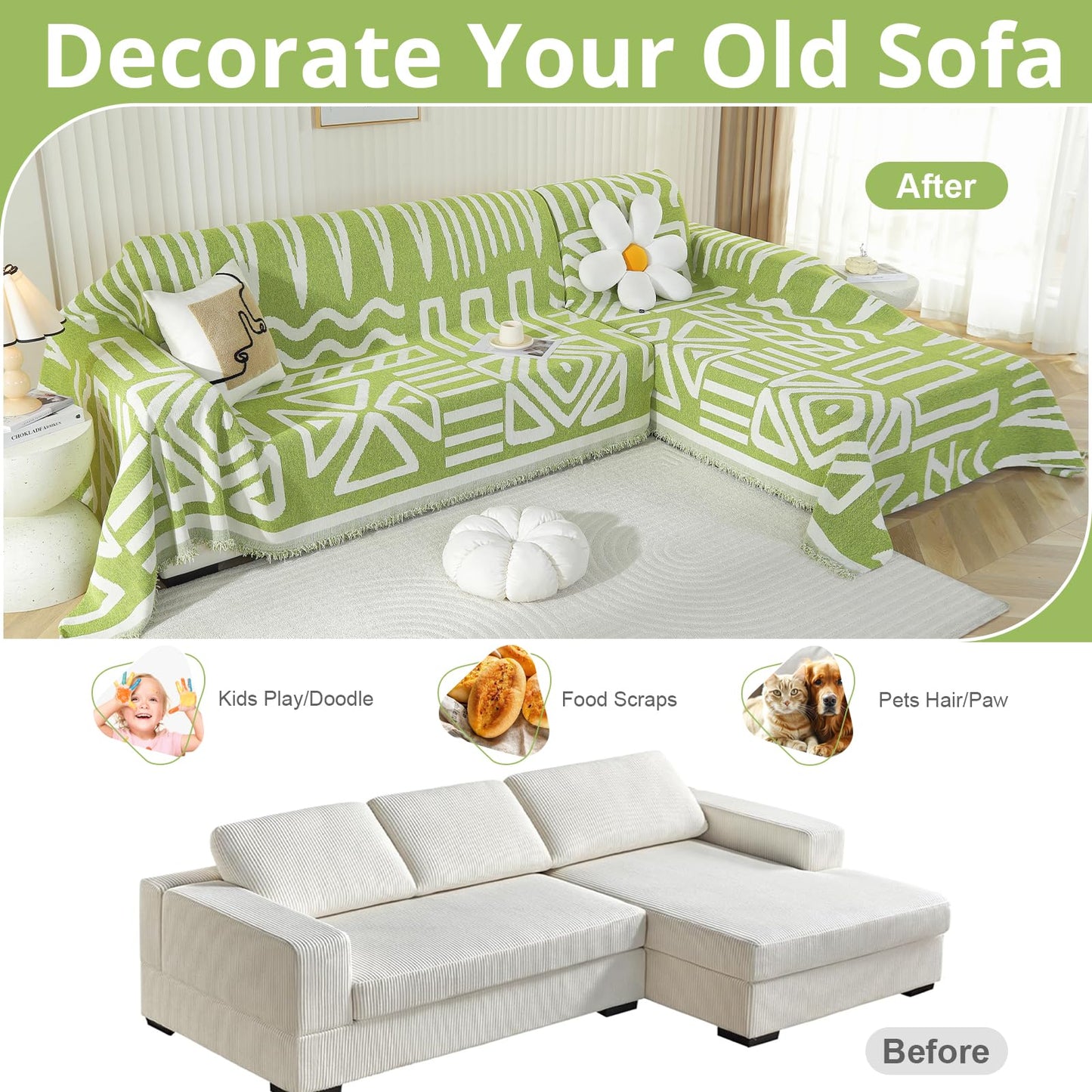 Royhom Sectional Couch Covers 2 Pieces, L Shaped Couch Cover Blanket, Boho Sofa Covers Washable, Sofa Slipcover with Tassel, Suitable for All Seasons (71"x110"+71"x118", Green)