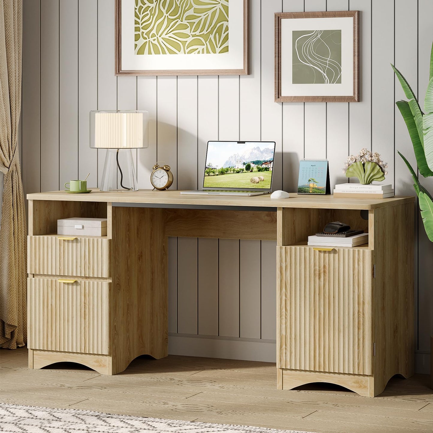 Bestier Computer Desk with 2 Drawer, 59 inch Office Desk with Storage Cabinet & 2 Open Storage, Fluted Executive Desk for Home Office & Studio, Brown Oak