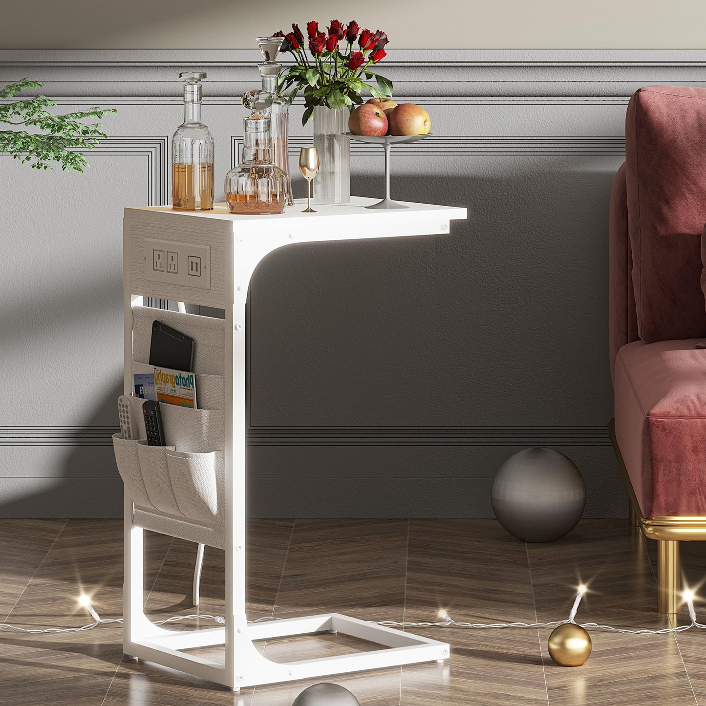 TUTOTAK C Shaped End Table with Charging Station, Side Table for Sofa, Couch Table with Storage Bag, TV Tray Table with 2 USB Ports and Outlets for Living Room, Bedroom, White TB01BW024