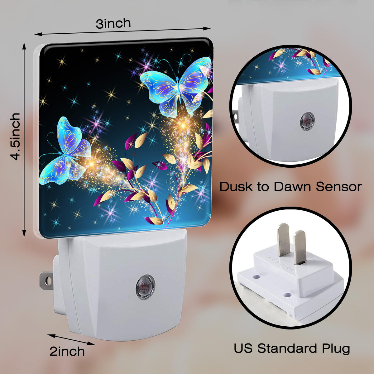 Magical Butterflies with Flowers Night Light Plug into Wall, Glitter Sparkle Butterfly Dusk to Dawn Night Light Plug in,0.5w Energy Saving Sleep Friendly NightLight for Kids Boys Girls Home Decor