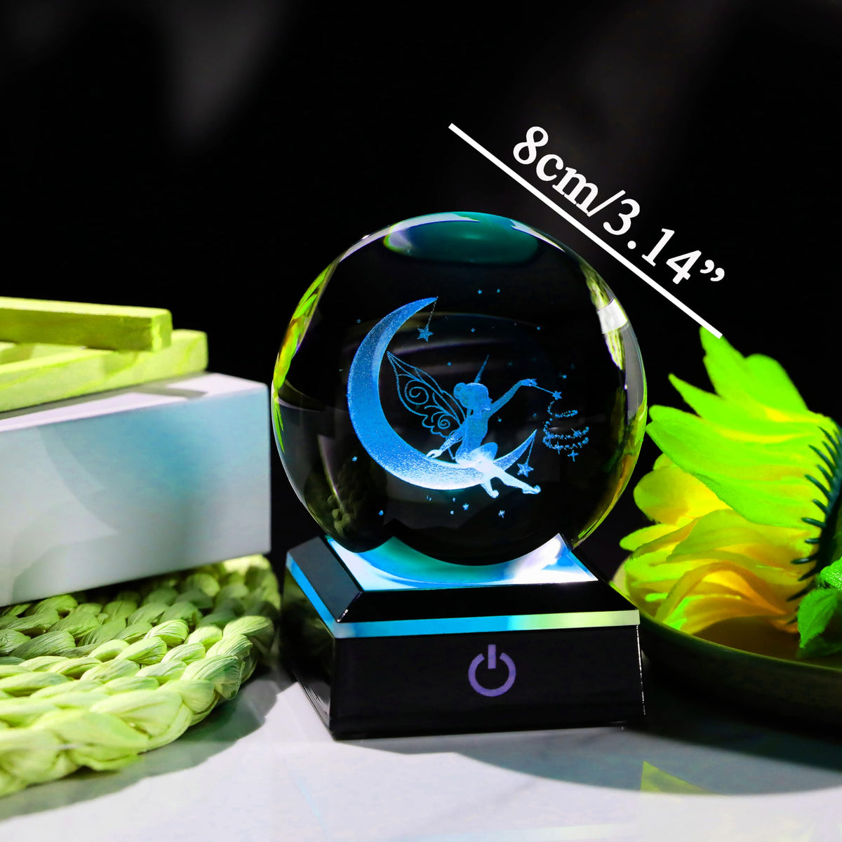 Qianwei Moon Fairy 3D Crystal Ball Laser Engraved Fairy Glass Ball Fairy Night Light Decorative Globes 3D Crystal Moon Sphere Fairy Gifts for Girl Her Fairy Lover