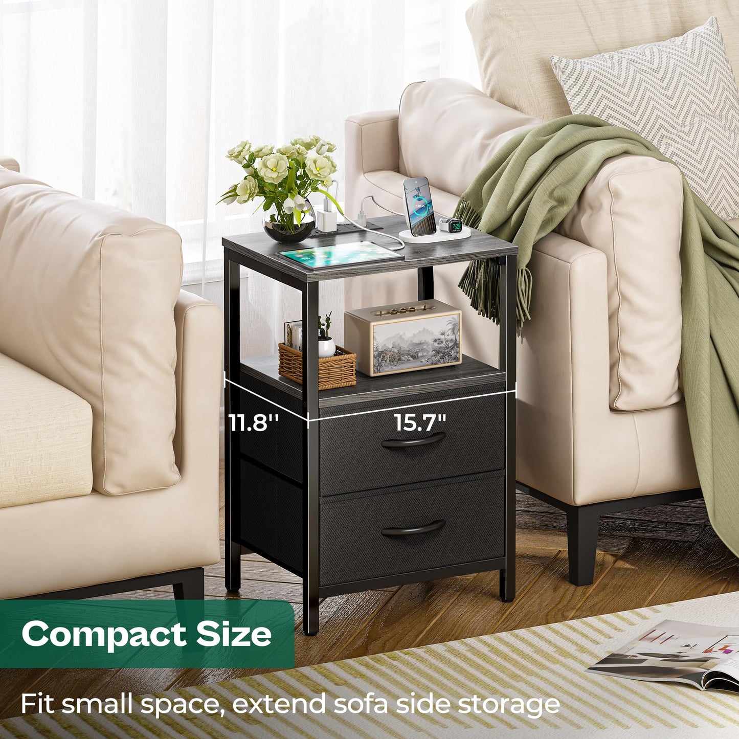 Huuger Nightstand with Charging Station, Side Table with 2 Fabric Drawers, End Table with Open Shelf, Bedside Table with USB-C Port and Outlets, Night Stand for Bedroom, Black