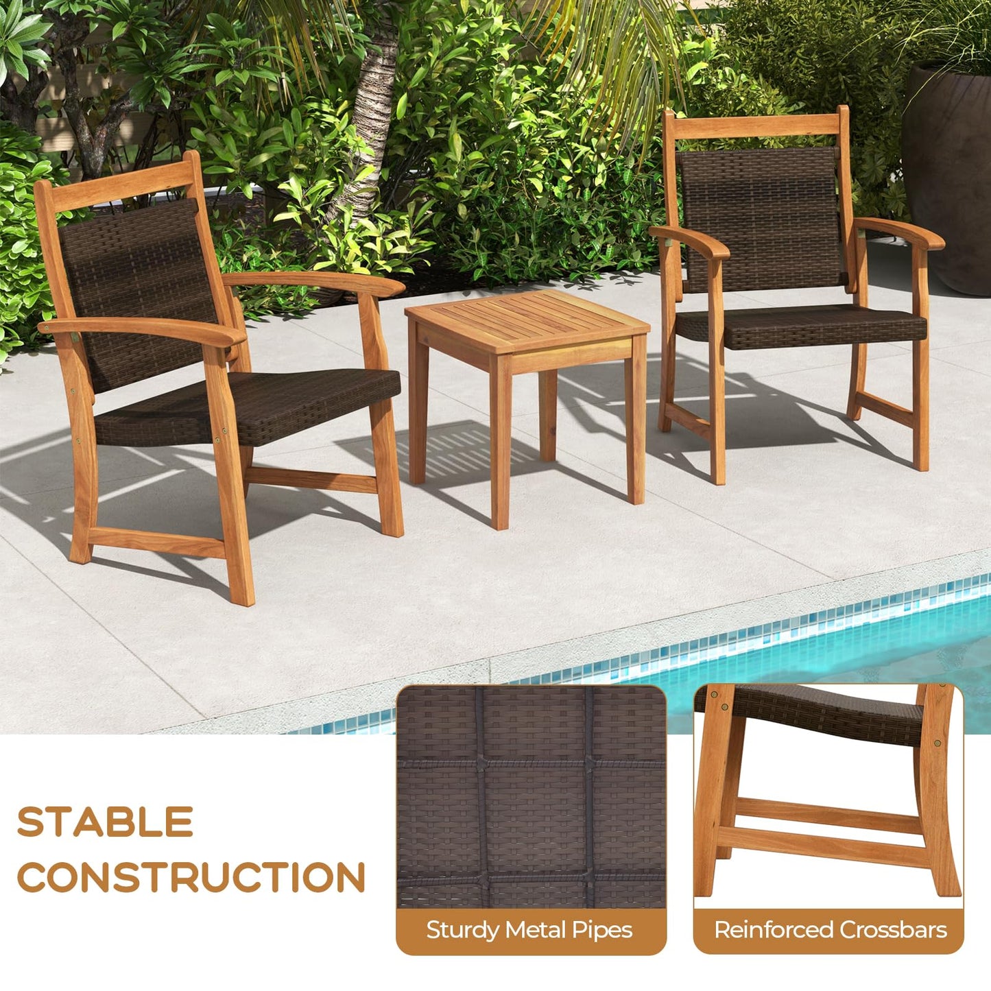 HAPPYGRILL 3 Pieces Rattan Wood Bistro Set, Patio Wicker Chairs Set with Acacia Wood Side Table, Outdoor Sofa Furniture Set for Yard Garden Porch Poolside