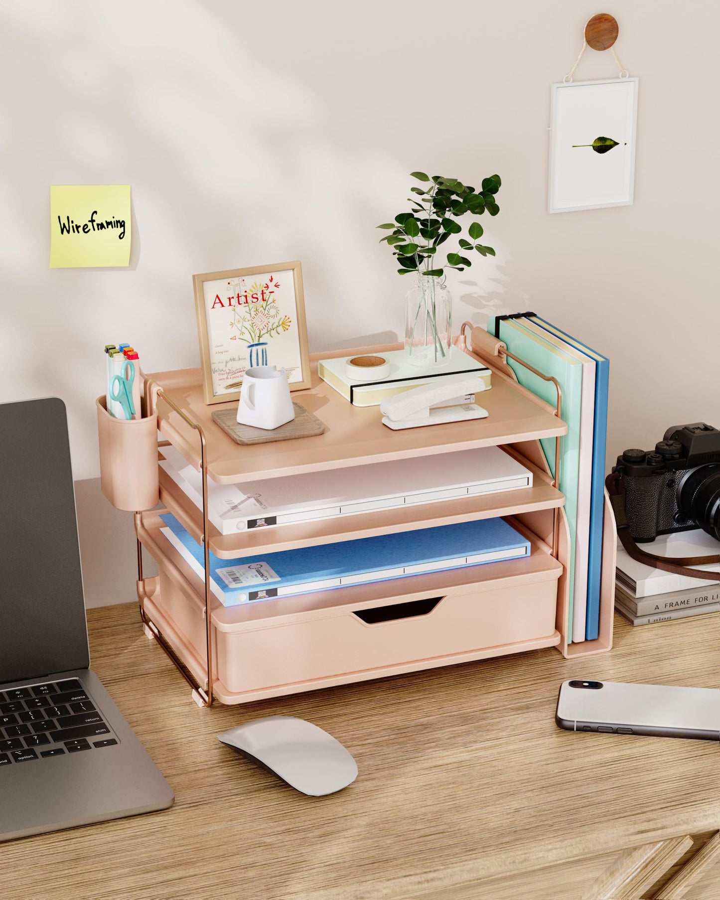 Kitsure Desk Organizer - 4-Tier Office Desk Accessories with Drawer ＆ Pen Holder, Tool-Free Assembly Organizer with Non-Slip Pads, for Office Supplies Storage, Plastic, 13.3" x 8.0" x 10.8", Rose Gold