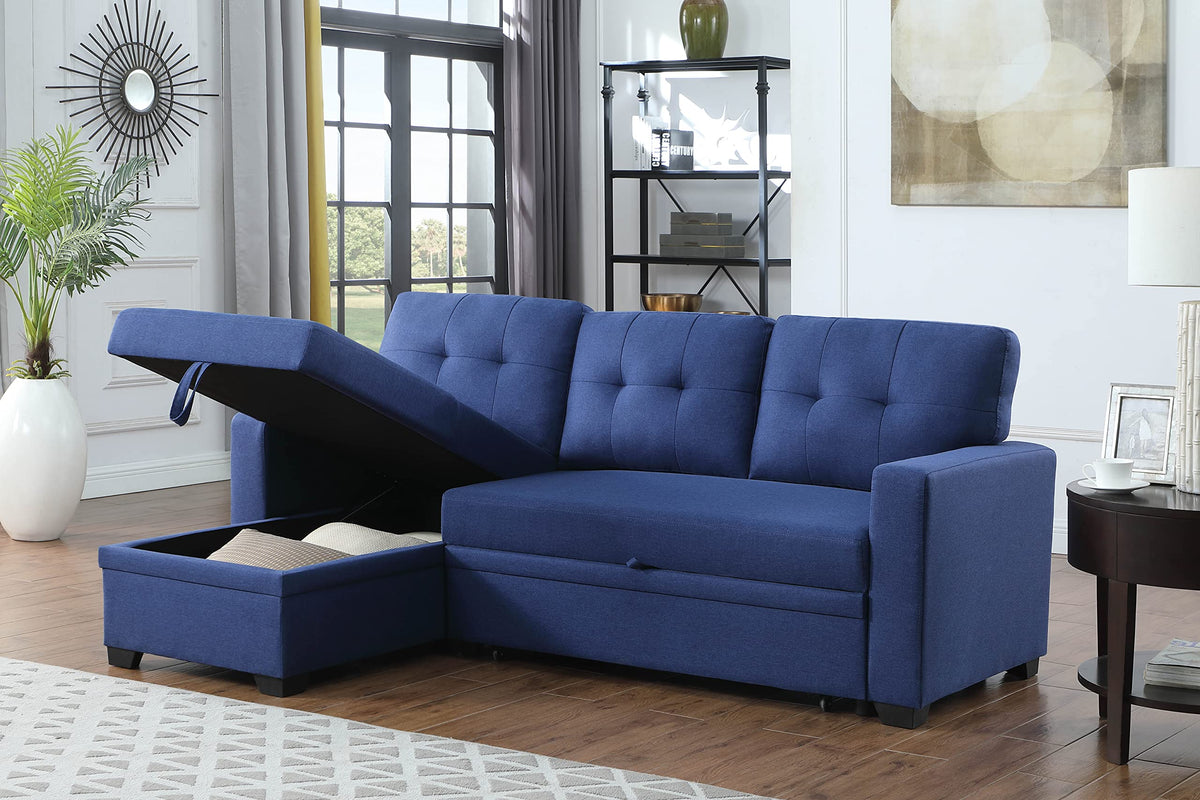 Acosure 82" Sleeper Couch with Pull Out Bed,L-Shape Upholstered Sectional Small Sofa W/Storage Chaise,Tufted Backrest Design,3 Seat Linen Convertible Sofas for Living Room Apartment Office,Blue