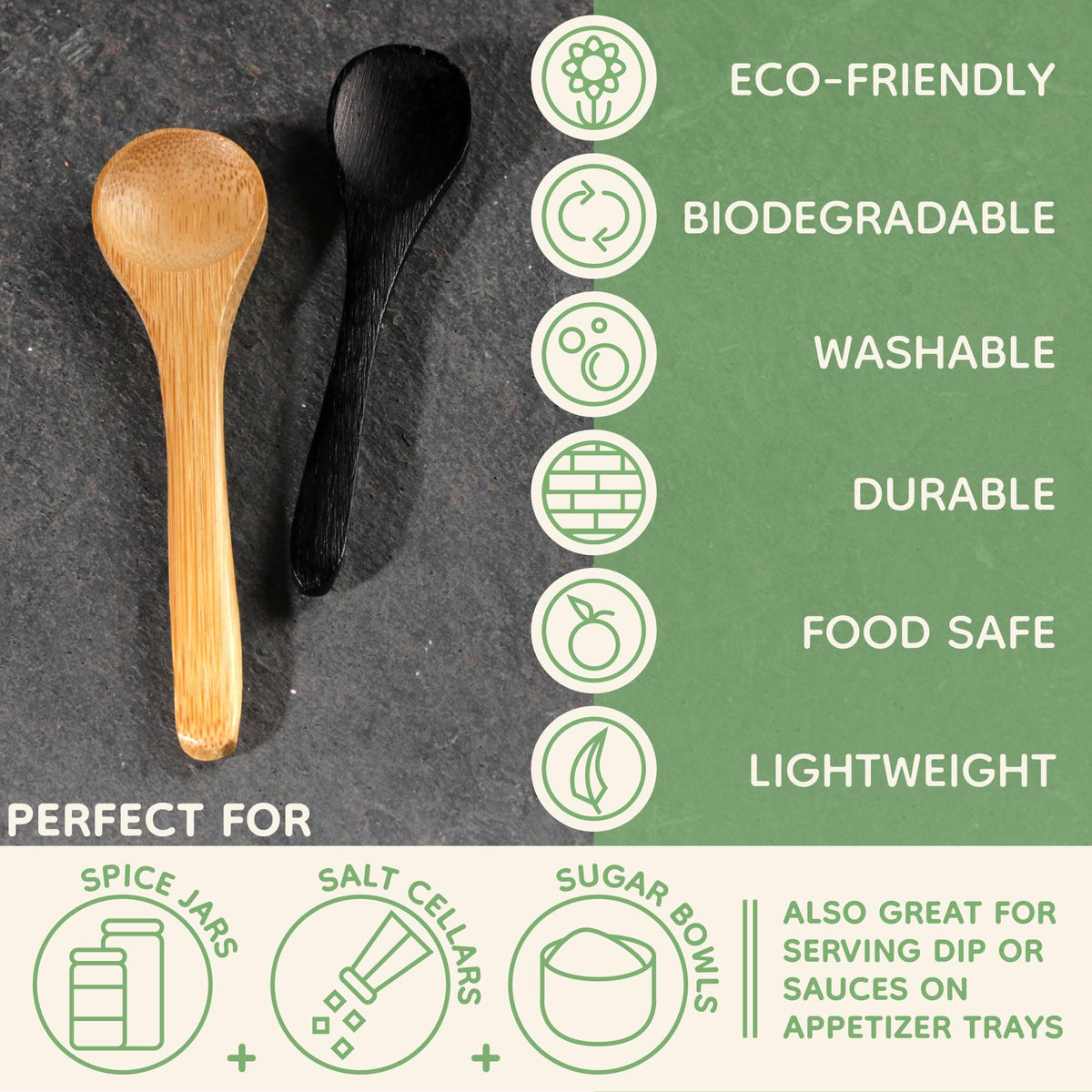 BambooMN Bamboo Serving Spoons, Mini Salt Sugar Spoon, Tiny Wooden Spoons for Spices, Black Oval 3.5", 10 Pieces