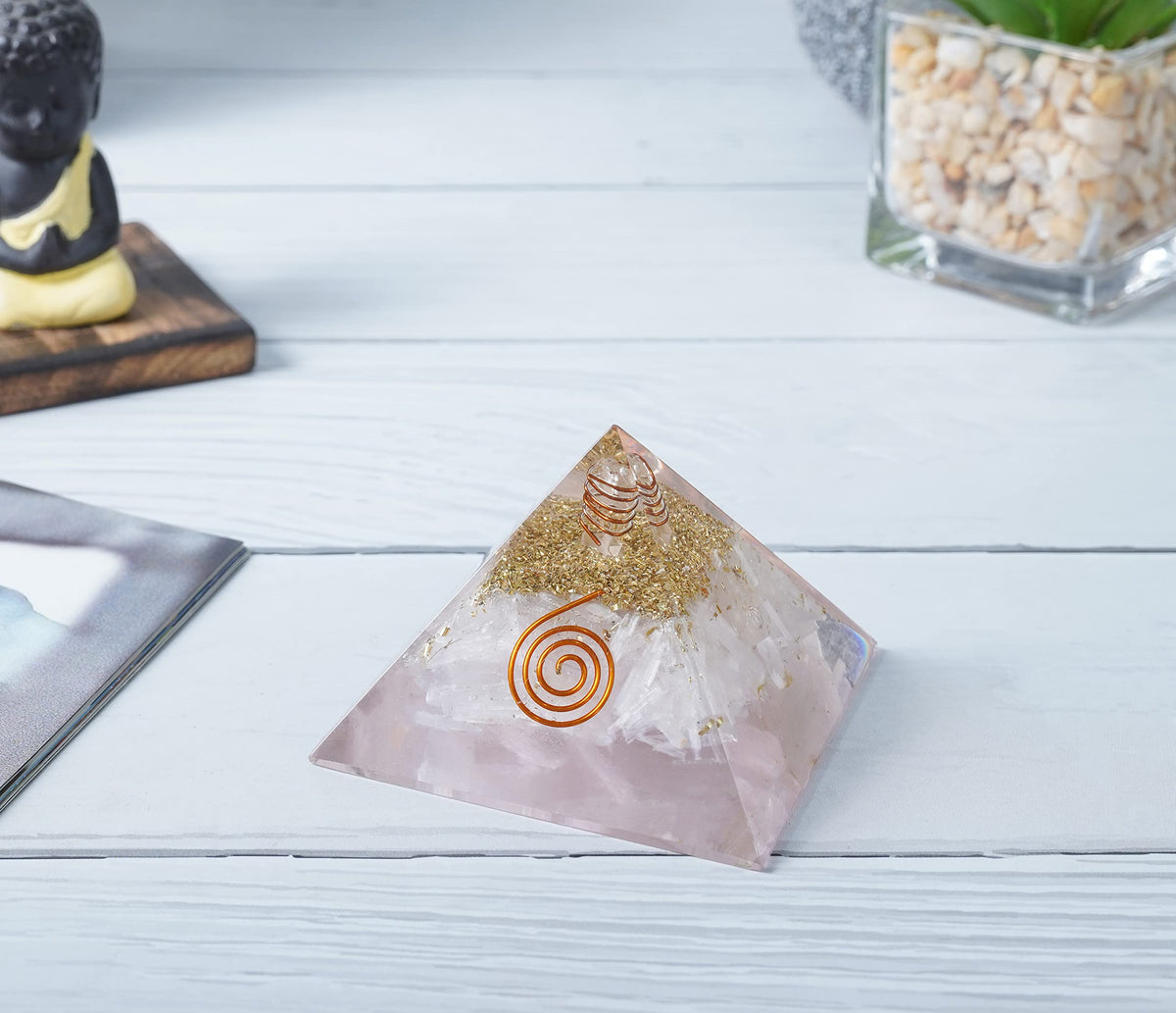 Crocon Selenite Orgone Pyramid Healing Crystals Stone Orgonite Gemstone Pyramid Stones Reiki Crystal Good Luck Charms Meditation Chakra Organite Home Decor Spiritual Gifts Size 2.5 Inch App.