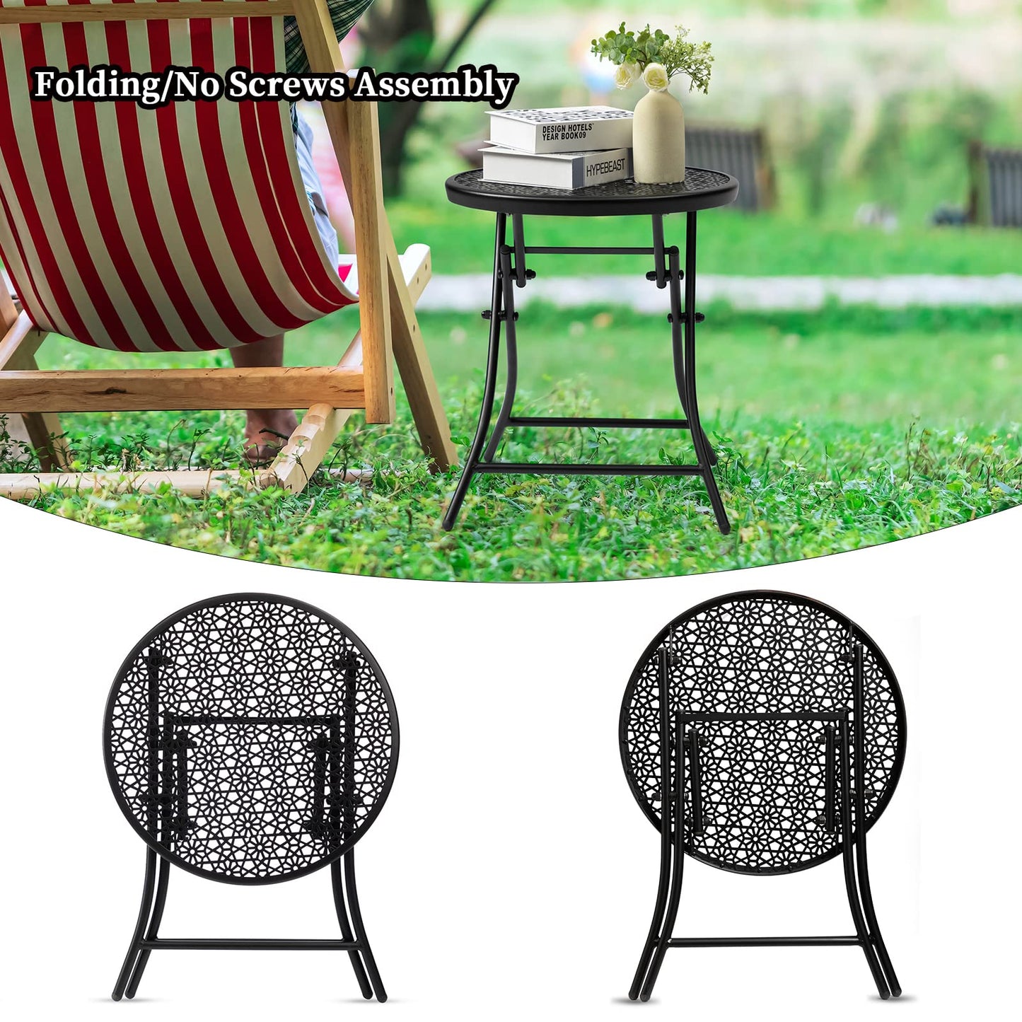 TeoKJ Folding Outdoor Side Tables, Anti Rust Small Patio Table Round Metal Nightstand with Flower Cutouts for Porch Yard Balcony Deck Lawn, Set of 2, Black