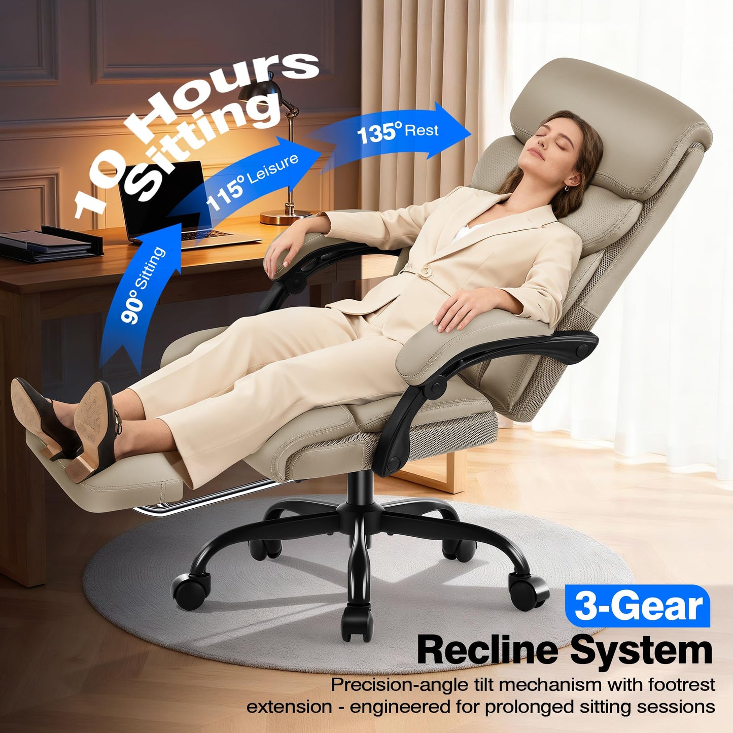 AreShark Office Chair - Ergonomic Comfortable High Back Computer Desk Chair with Foot Rest - Executive Breathable Swivel Rolling Reclining Leather Chair with Lumbar Support for Home Gaming Relaxing