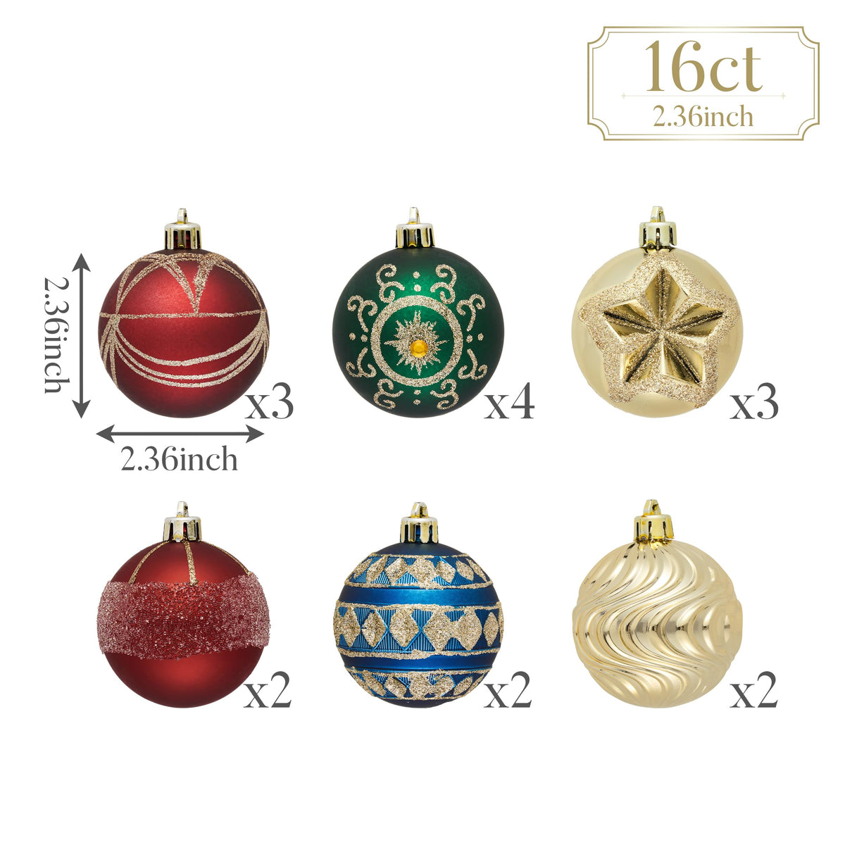 Valery Madelyn Ornaments for Christmas Tree Decorations, 16ct 2.36 Inches Red Green Blue and Gold Shatterproof Christmas Ornaments Set Bulk, Luxury Hanging Decor for Xmas Party Holiday
