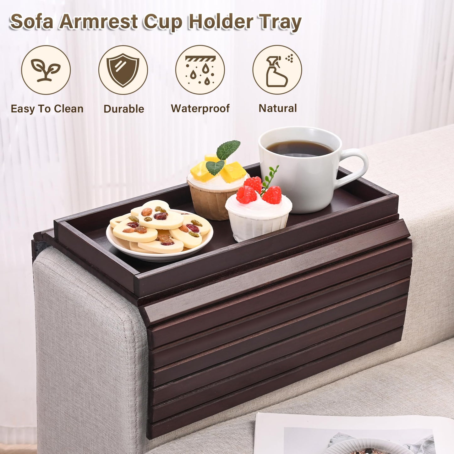 YUBAMIN Bamboo Sofa Arm Tray, Anti-Dropping Couch Arm Tray, Foldable Sofa Armrest Tray Couch Arm Table for Eats, Drinks, Snacks, Remote, Cellphone, Cup Holder, Back Anti-Slip Pad Design