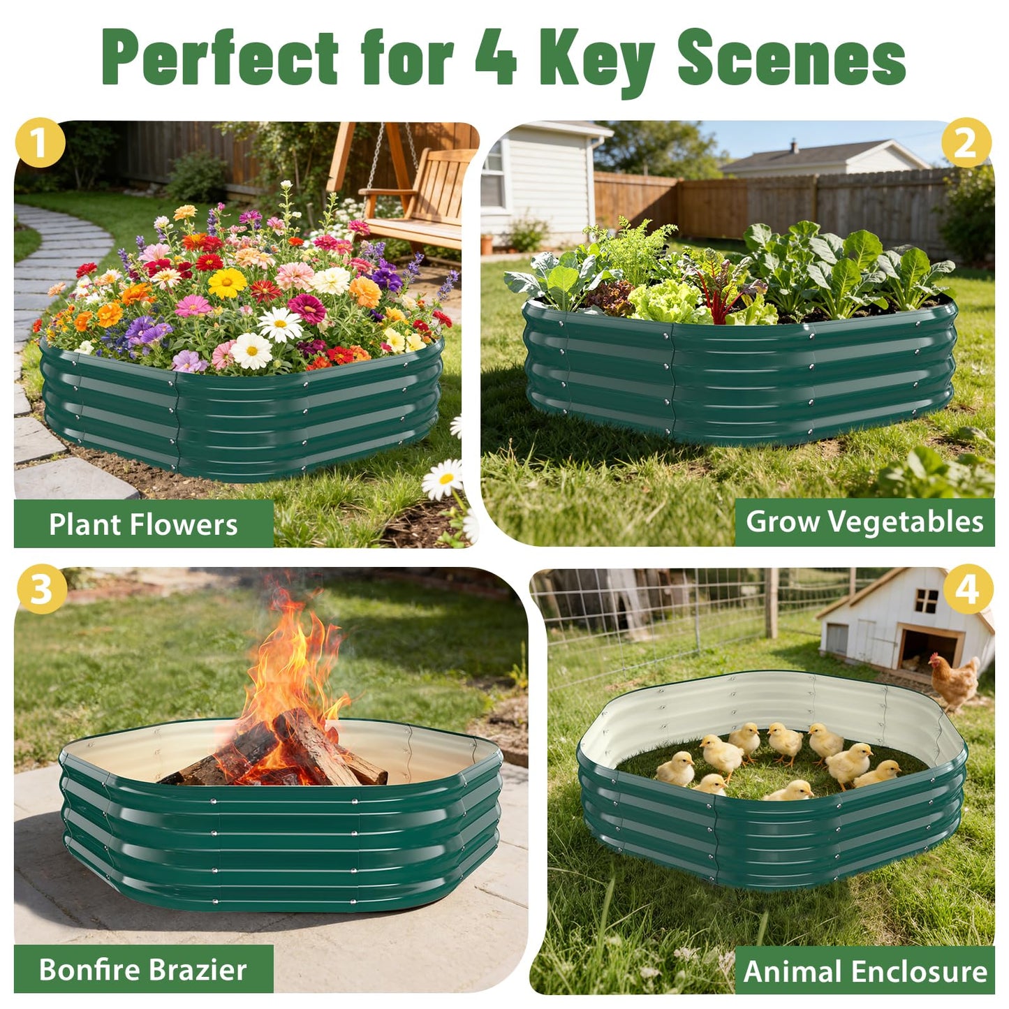 VAMFUTRE Hexagon Raised Garden Bed, 48 Inch Diagonal & 12 Inch Tall, Galvanized Steel Planter Box with Wave-Shaped Metal Panels for Outdoor Flower,Tree,Herb & Vegetable Garden (Dark Green, 4FT X 1FT)